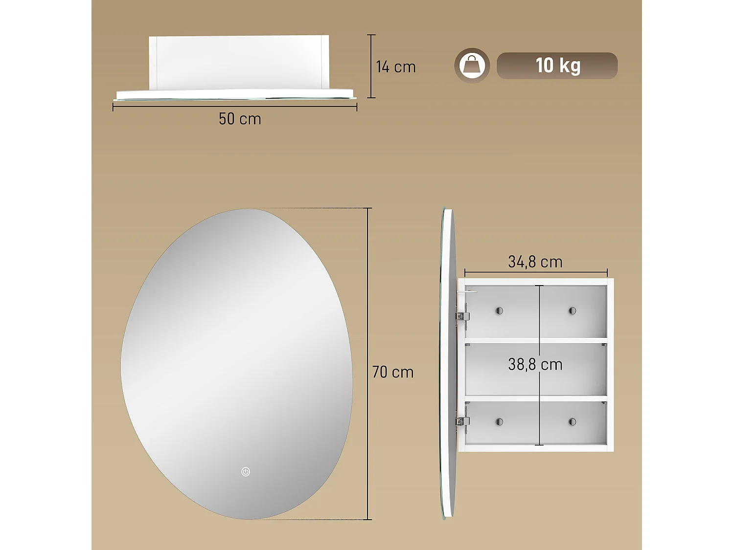 Armoire miroir organique LED réglable salle de bain 2 étagères