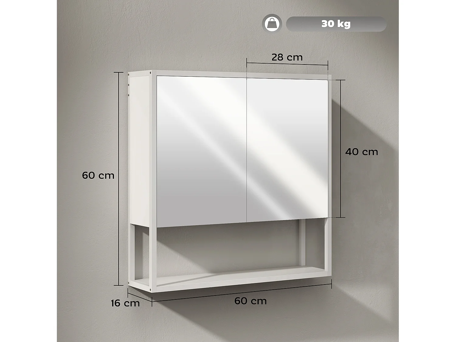 Armoire murale miroir salle de bain 2 portes étagère niche 60 x 16 x 60 cm blanc