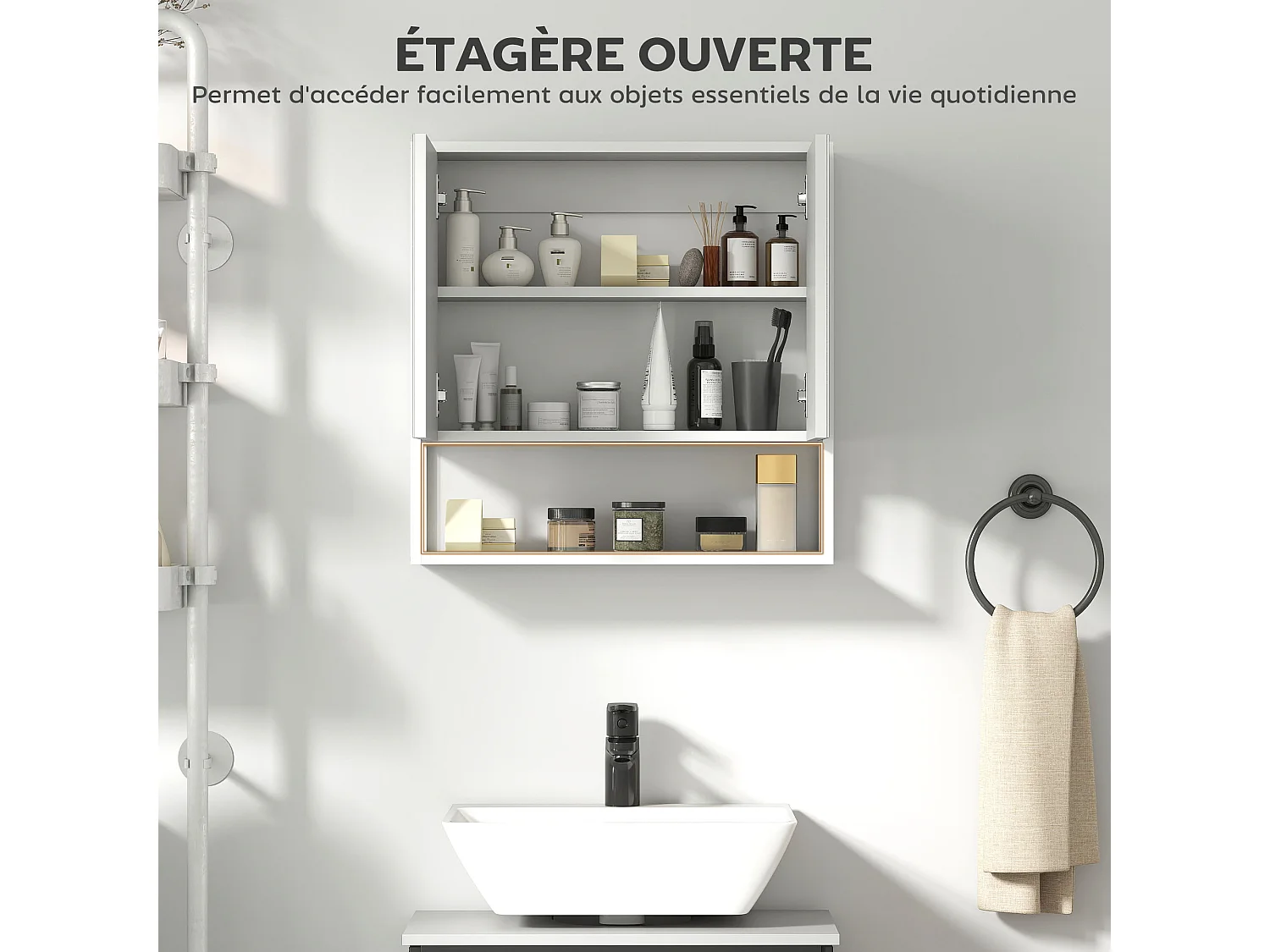 Armoire murale miroir salle de bain 2 portes étagère niche 60 x 16 x 60 cm blanc