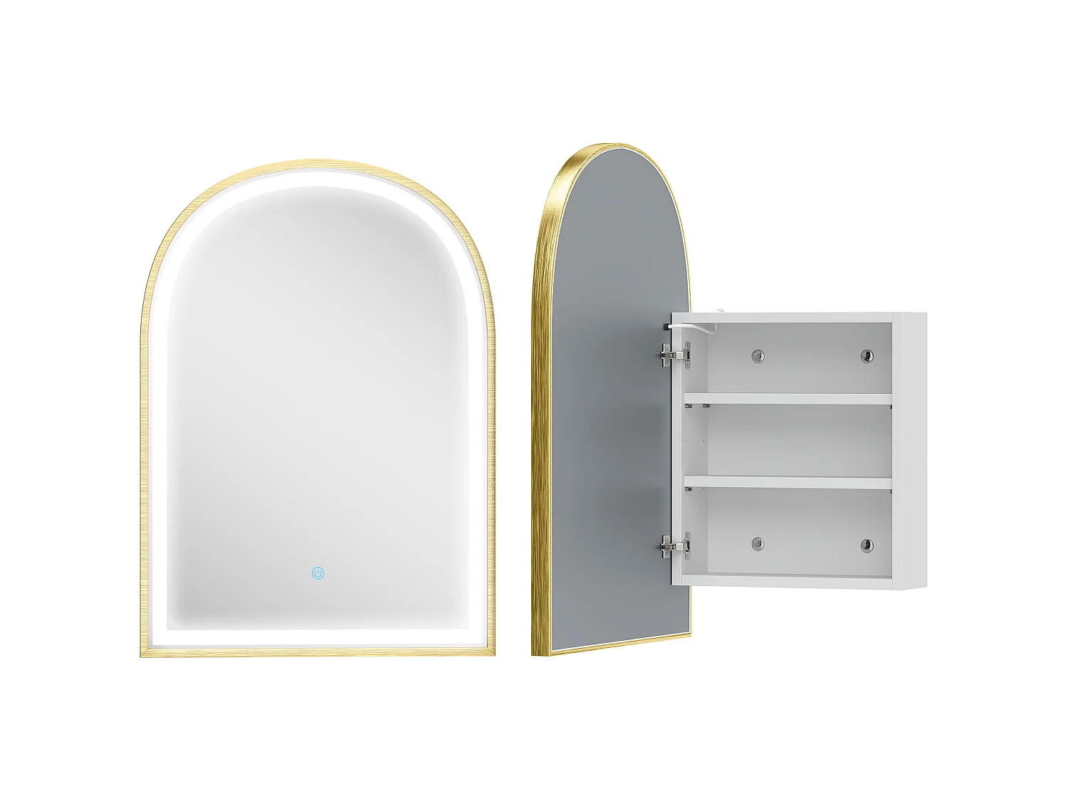 Armoire miroir LED réglable salle de bain design arche alu brossé doré 2 étagères