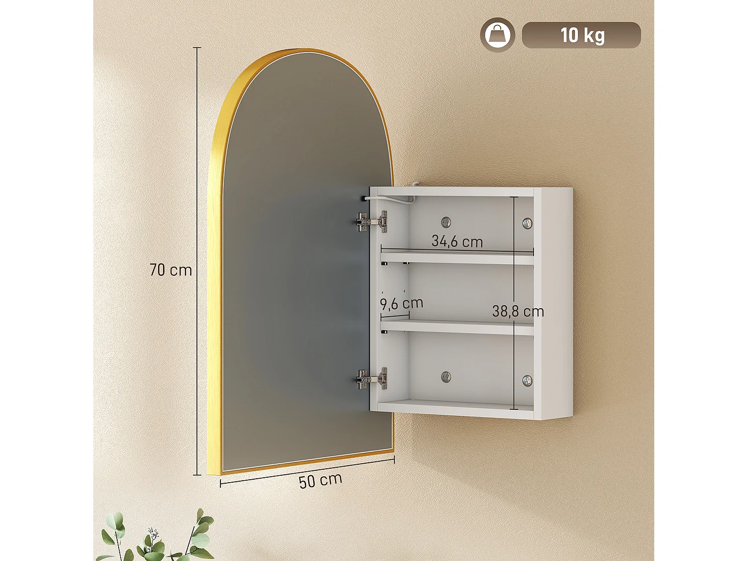 Armoire miroir LED réglable salle de bain design arche alu brossé doré 2 étagères