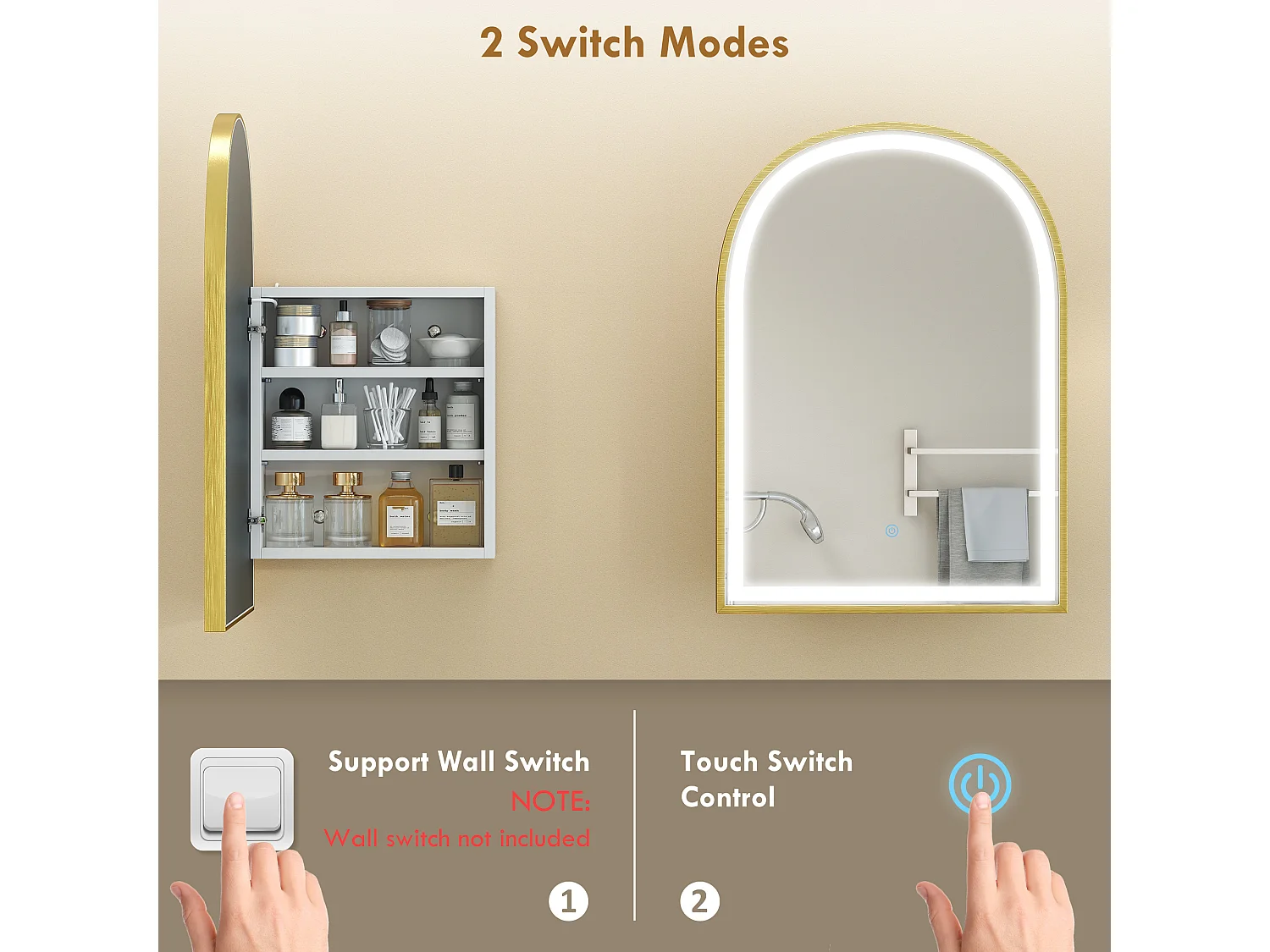 Armoire miroir LED réglable salle de bain design arche alu brossé doré 2 étagères