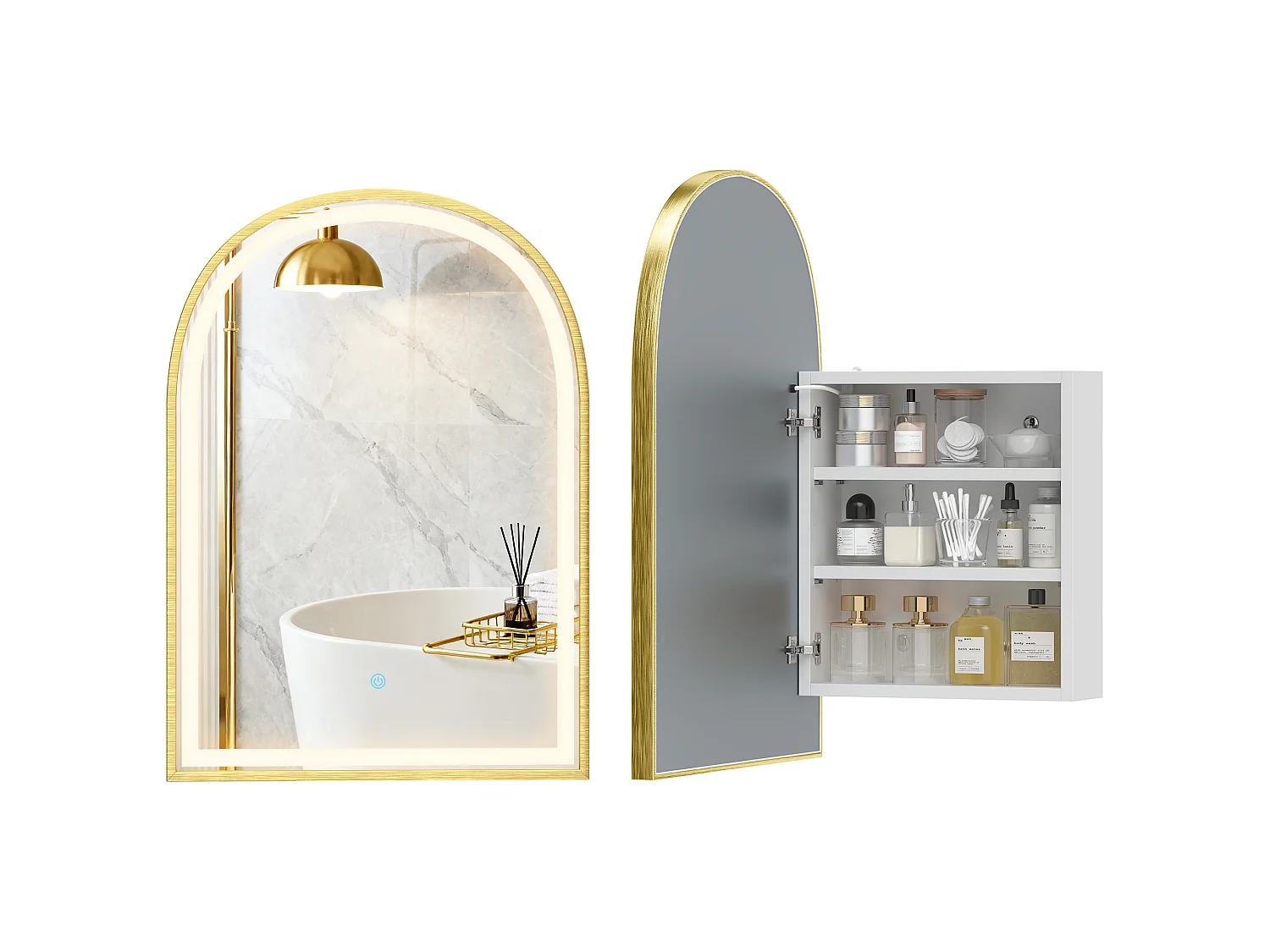 Armoire miroir LED réglable salle de bain design arche alu brossé doré 2 étagères