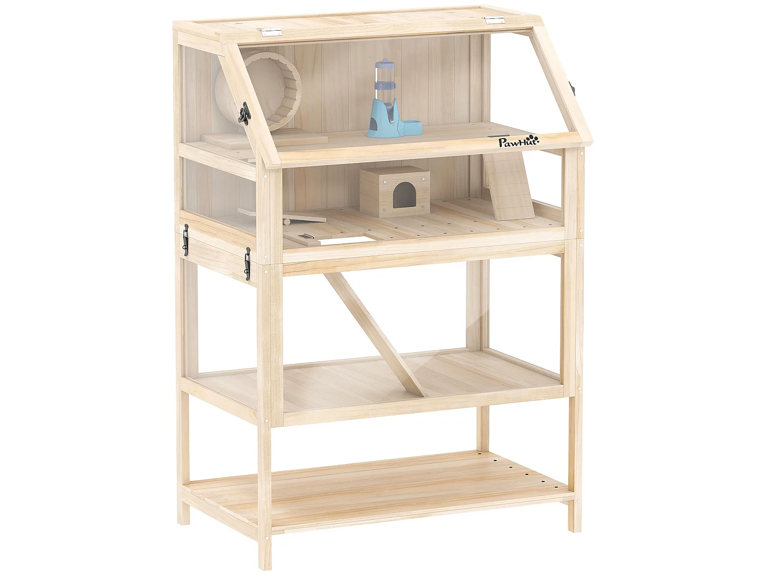 Cage hamster bois 3 niveaux accessoires étagère sapin acrylique