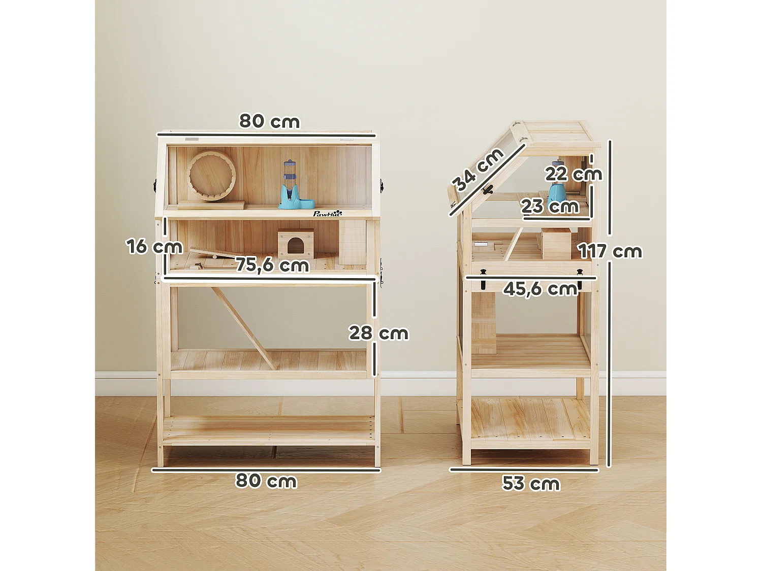 Cage hamster bois 3 niveaux accessoires étagère sapin acrylique