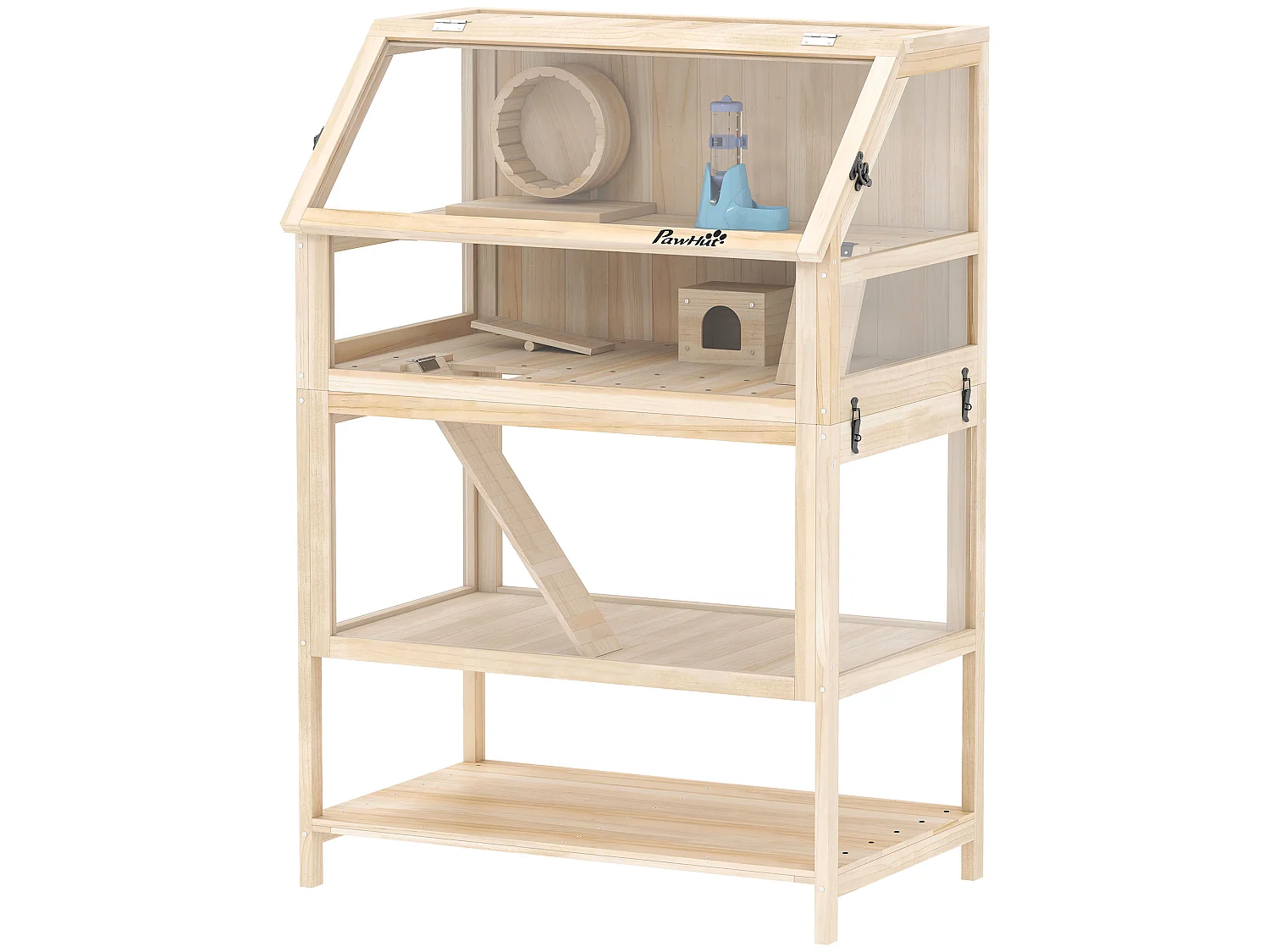 Cage hamster bois 3 niveaux accessoires étagère sapin acrylique