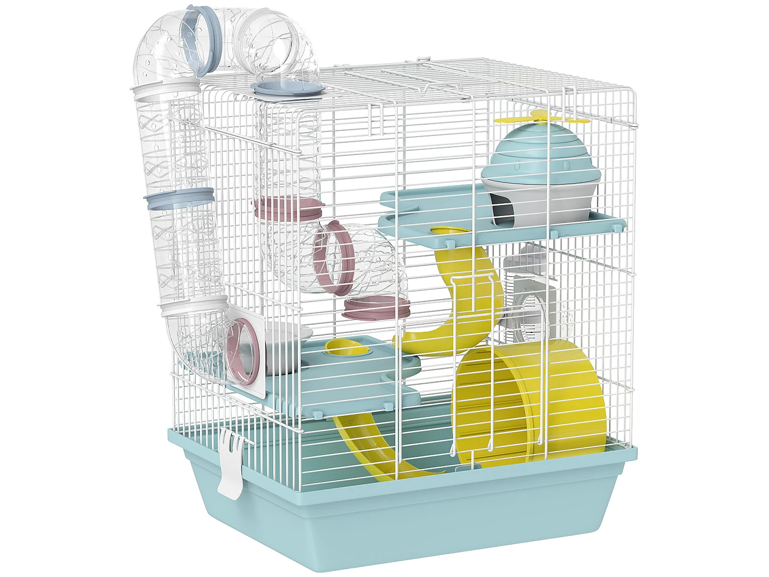 Cage rongeur hamster 3 niveaux cabane roue tunnel toboggan biberon mangeoire 34 x 27 x 41 cm blanc bleu