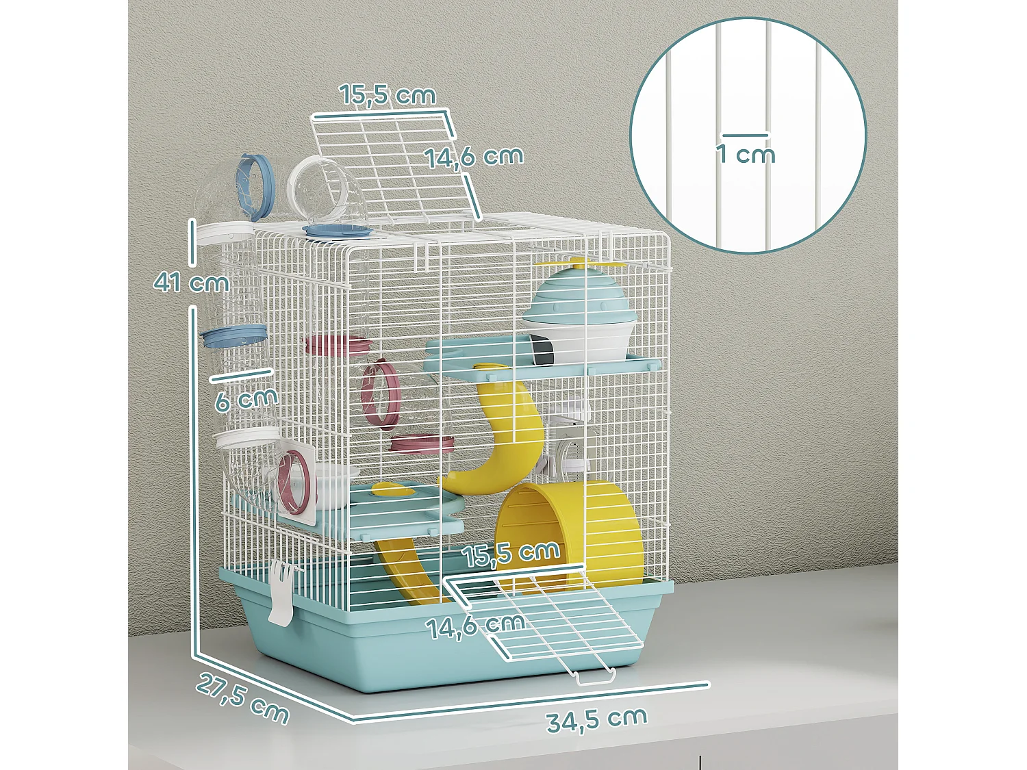 Cage rongeur hamster 3 niveaux cabane roue tunnel toboggan biberon mangeoire 34 x 27 x 41 cm blanc bleu