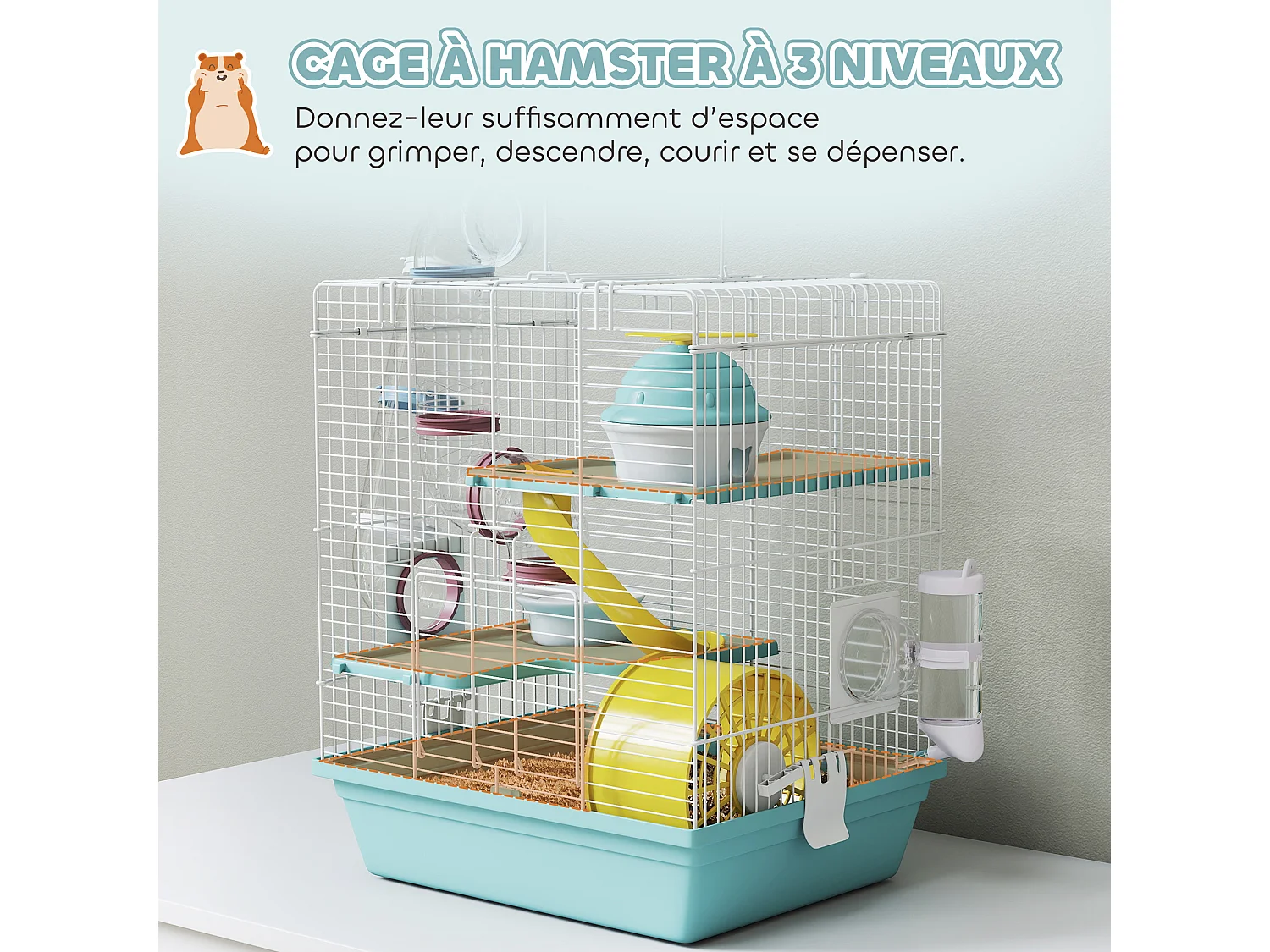 Cage rongeur hamster 3 niveaux cabane roue tunnel toboggan biberon mangeoire 34 x 27 x 41 cm blanc bleu