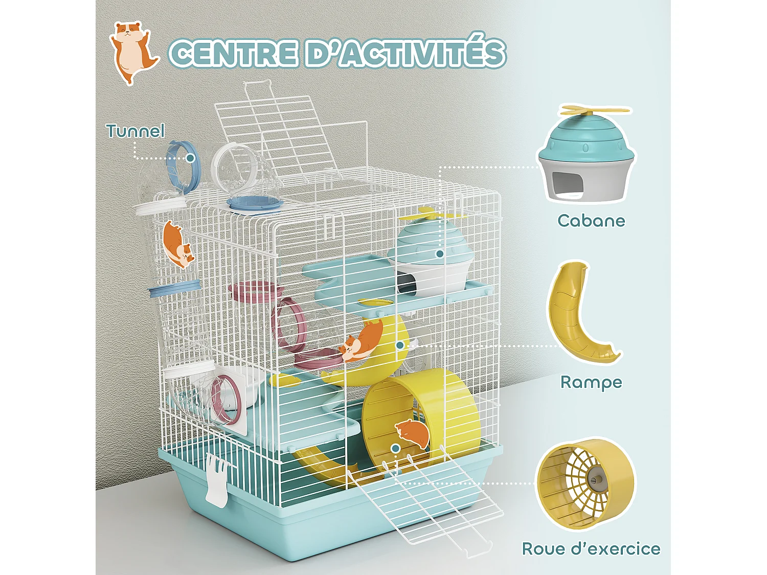 Cage rongeur hamster 3 niveaux cabane roue tunnel toboggan biberon mangeoire 34 x 27 x 41 cm blanc bleu