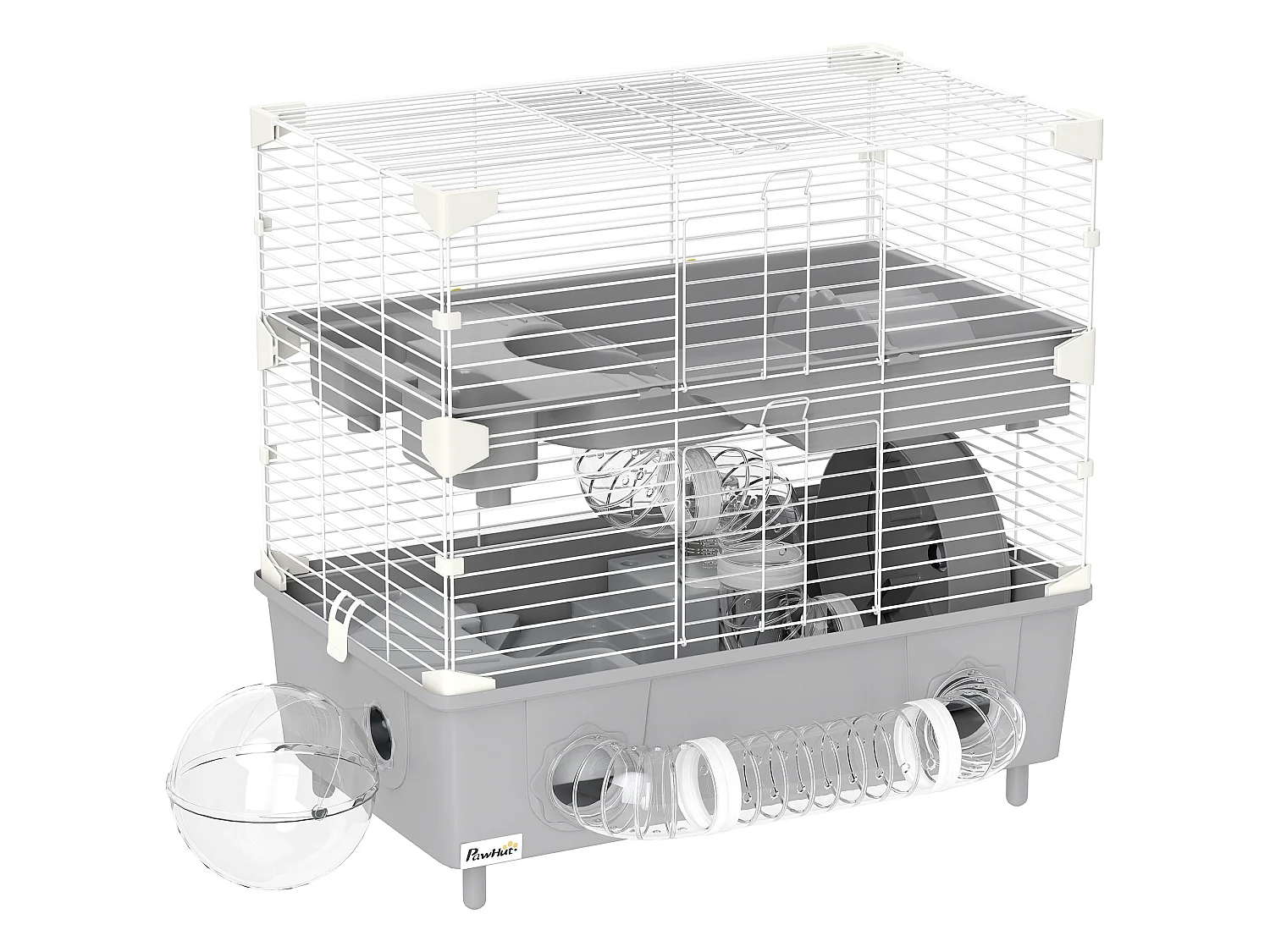 Cage pour hamster 2 niveaux roue sphère bac à sable tuyaux biberon eau dim. 44,5 x 28 x 44 cm blanc gris