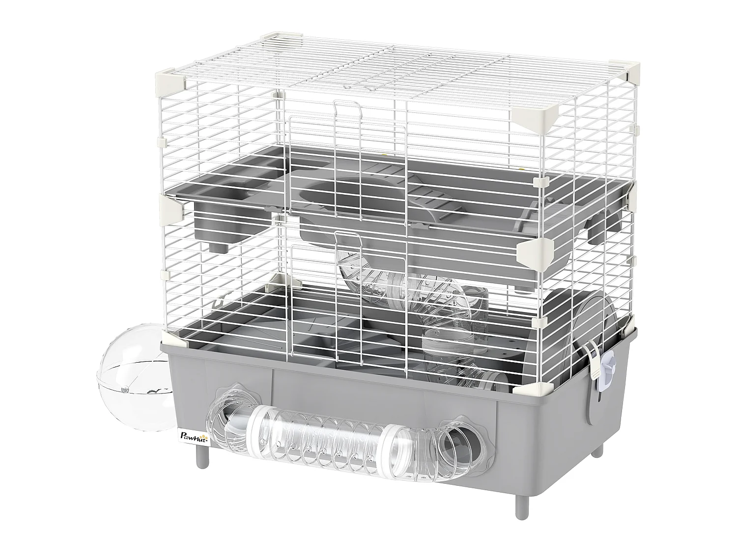Cage pour hamster 2 niveaux roue sphère bac à sable tuyaux biberon eau dim. 44,5 x 28 x 44 cm blanc gris