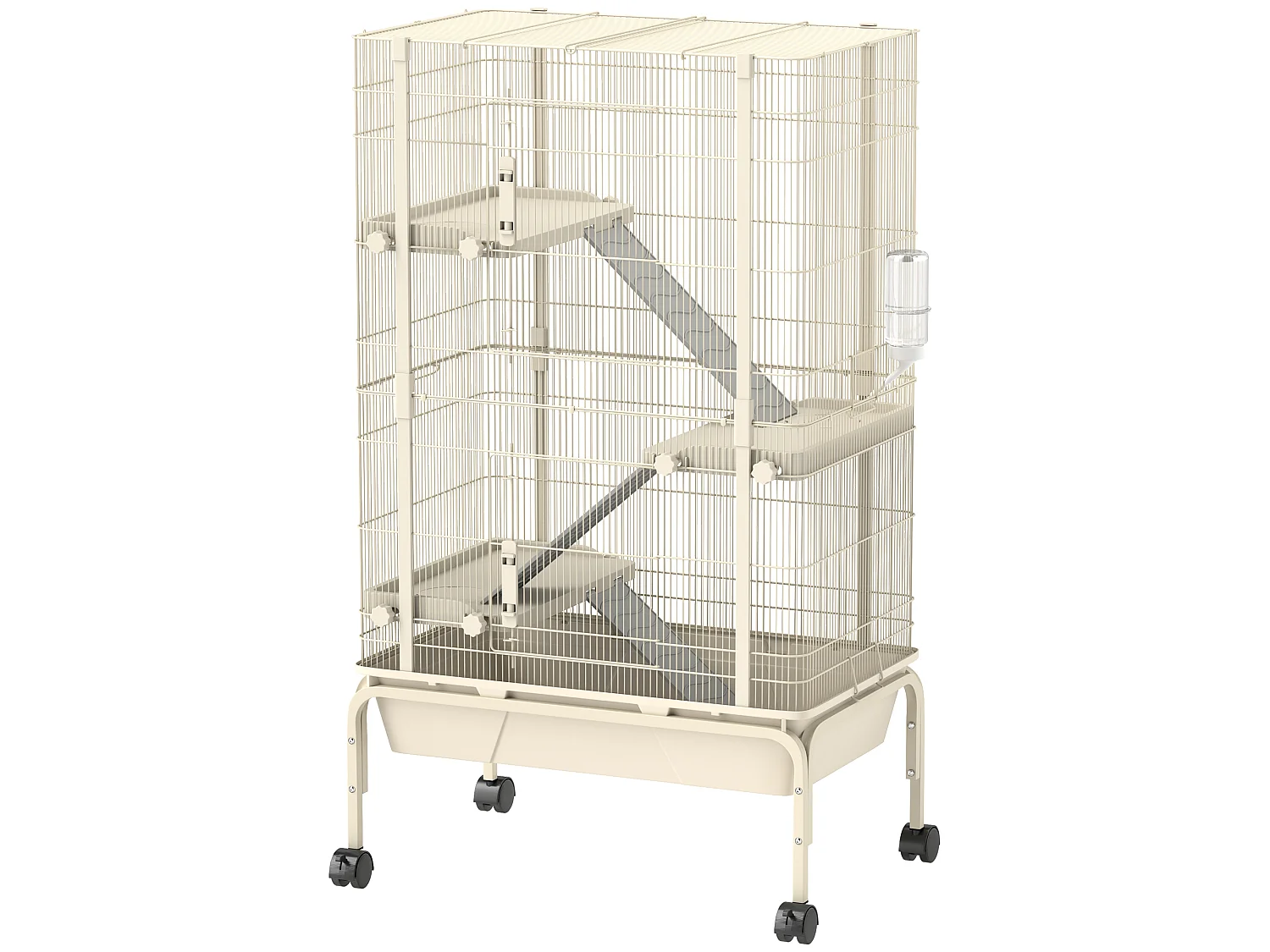Cage mobile hamster rongeur furet 4 niveaux - 2 portes 3 rampes bac profond roulettes gamelle biberon - 69 x 44 x 120 cm - beige