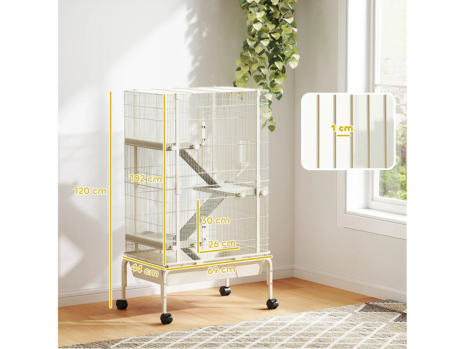 Cage mobile hamster rongeur furet 4 niveaux - 2 portes 3 rampes bac profond roulettes gamelle biberon - 69 x 44 x 120 cm - beige