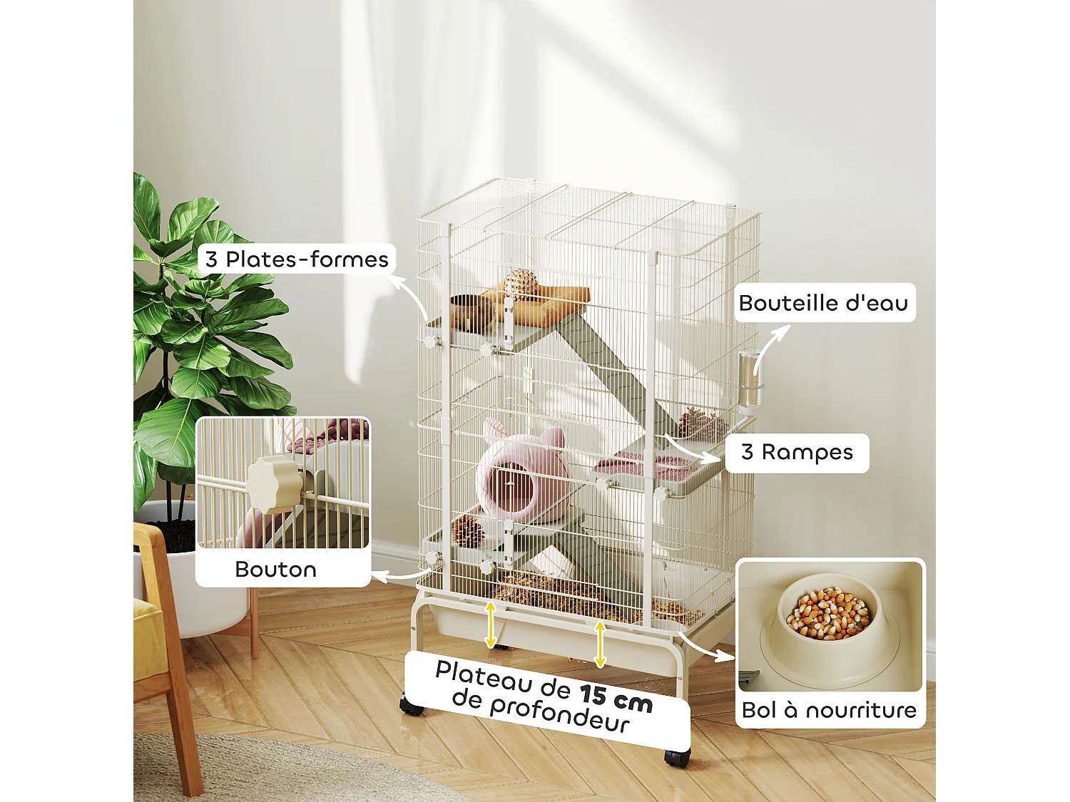 Cage mobile hamster rongeur furet 4 niveaux - 2 portes 3 rampes bac profond roulettes gamelle biberon - 69 x 44 x 120 cm - beige