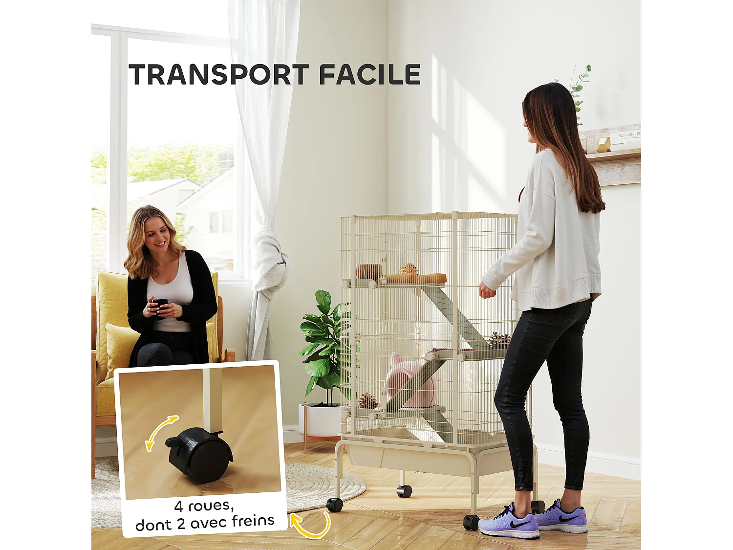 Cage mobile hamster rongeur furet 4 niveaux - 2 portes 3 rampes bac profond roulettes gamelle biberon - 69 x 44 x 120 cm - beige