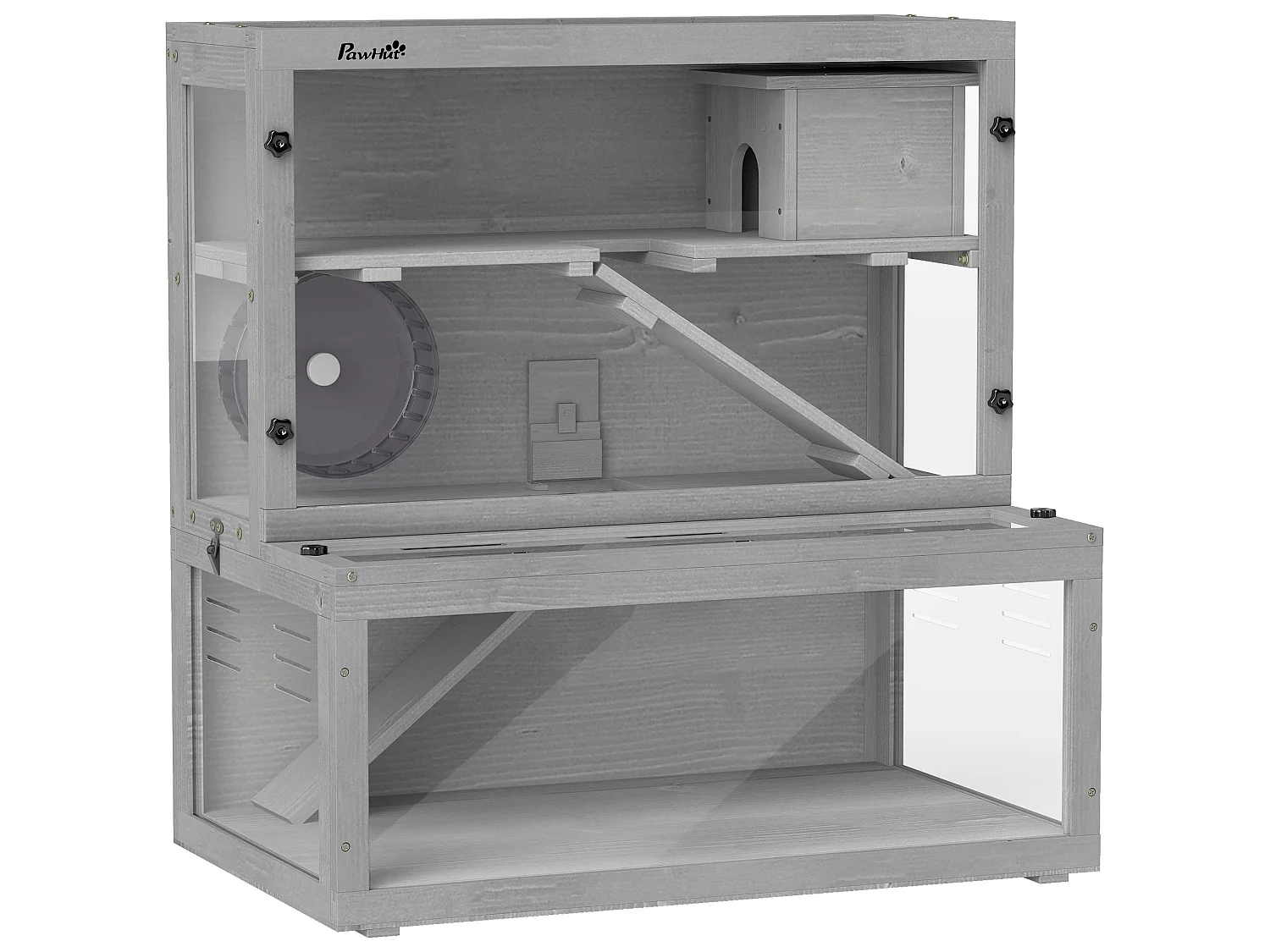 Cage hamster 3 niveaux avec cabane roue rampes bois gris