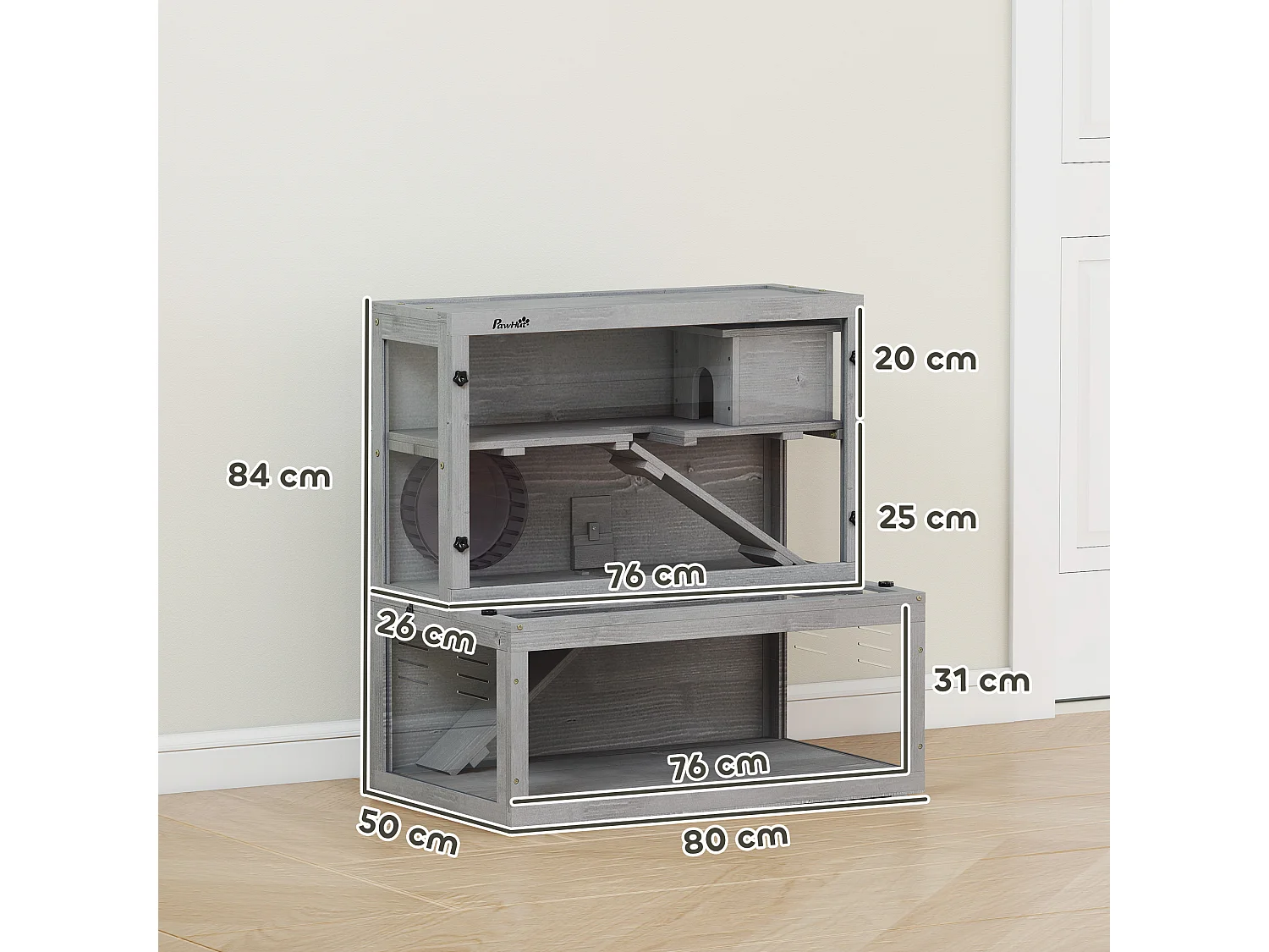 Cage hamster 3 niveaux avec cabane roue rampes bois gris