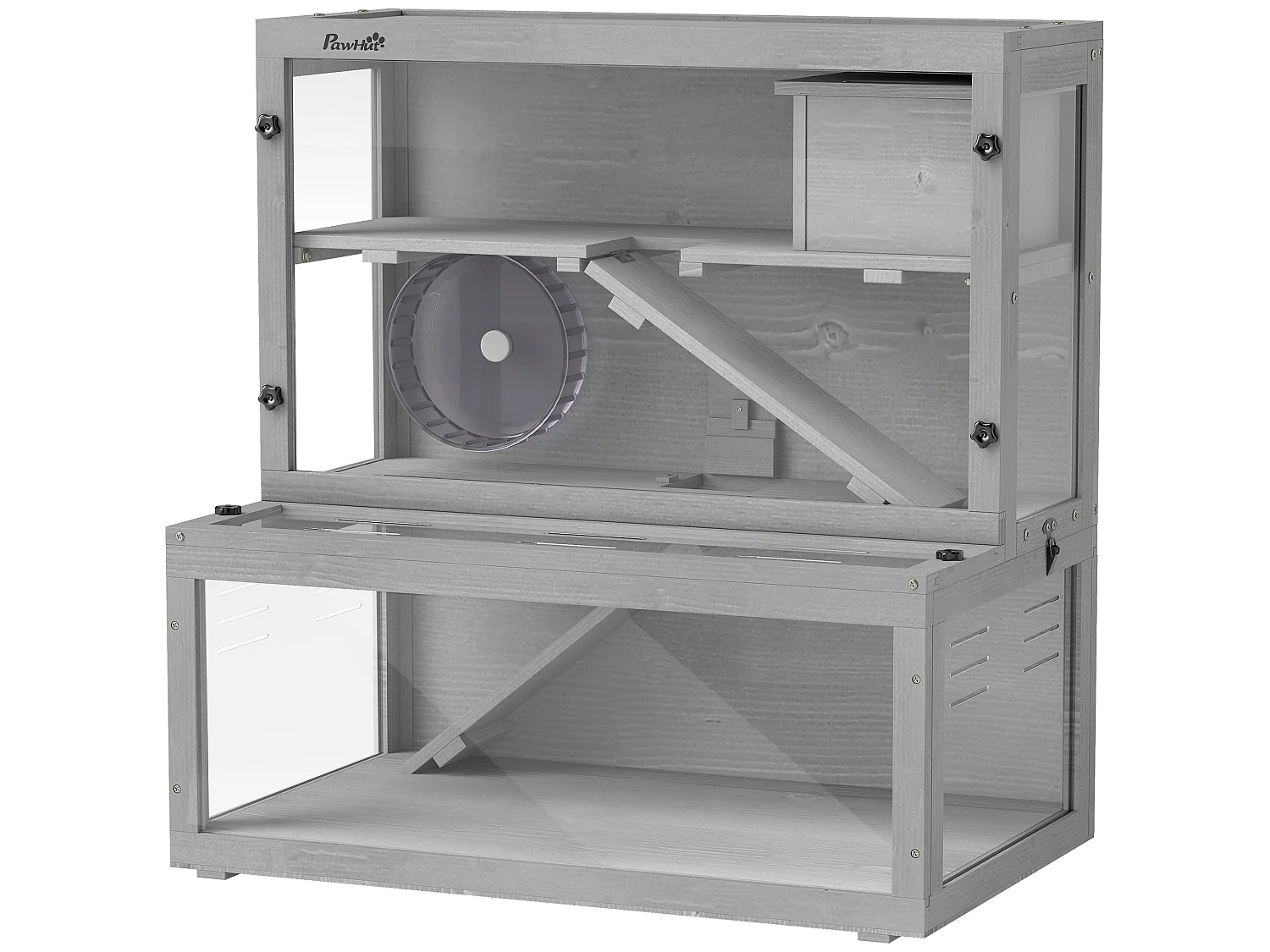 Cage hamster 3 niveaux avec cabane roue rampes bois gris