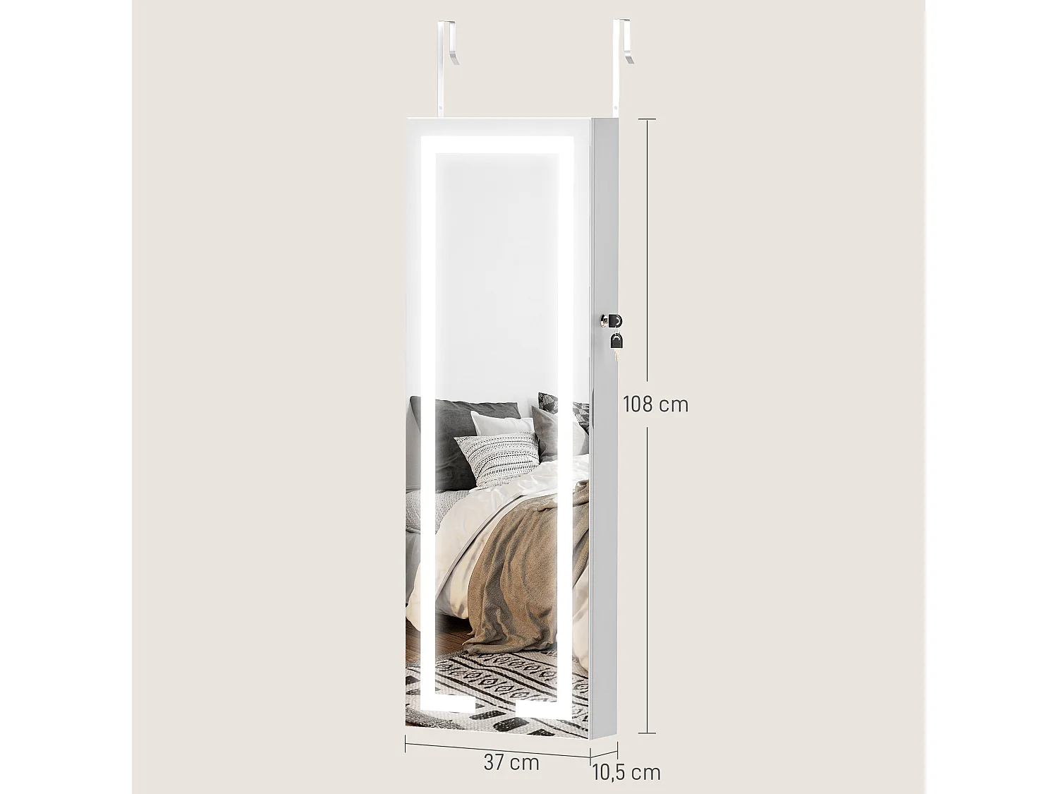 Armoire à bijoux verrouillable miroir LED intégré installation murale ou porte blanc