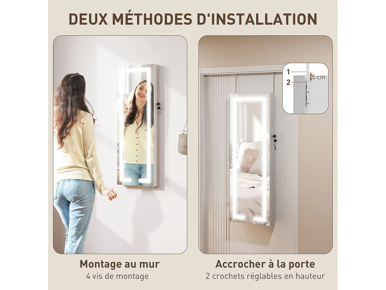 Armoire à bijoux verrouillable miroir LED intégré installation murale ou porte blanc