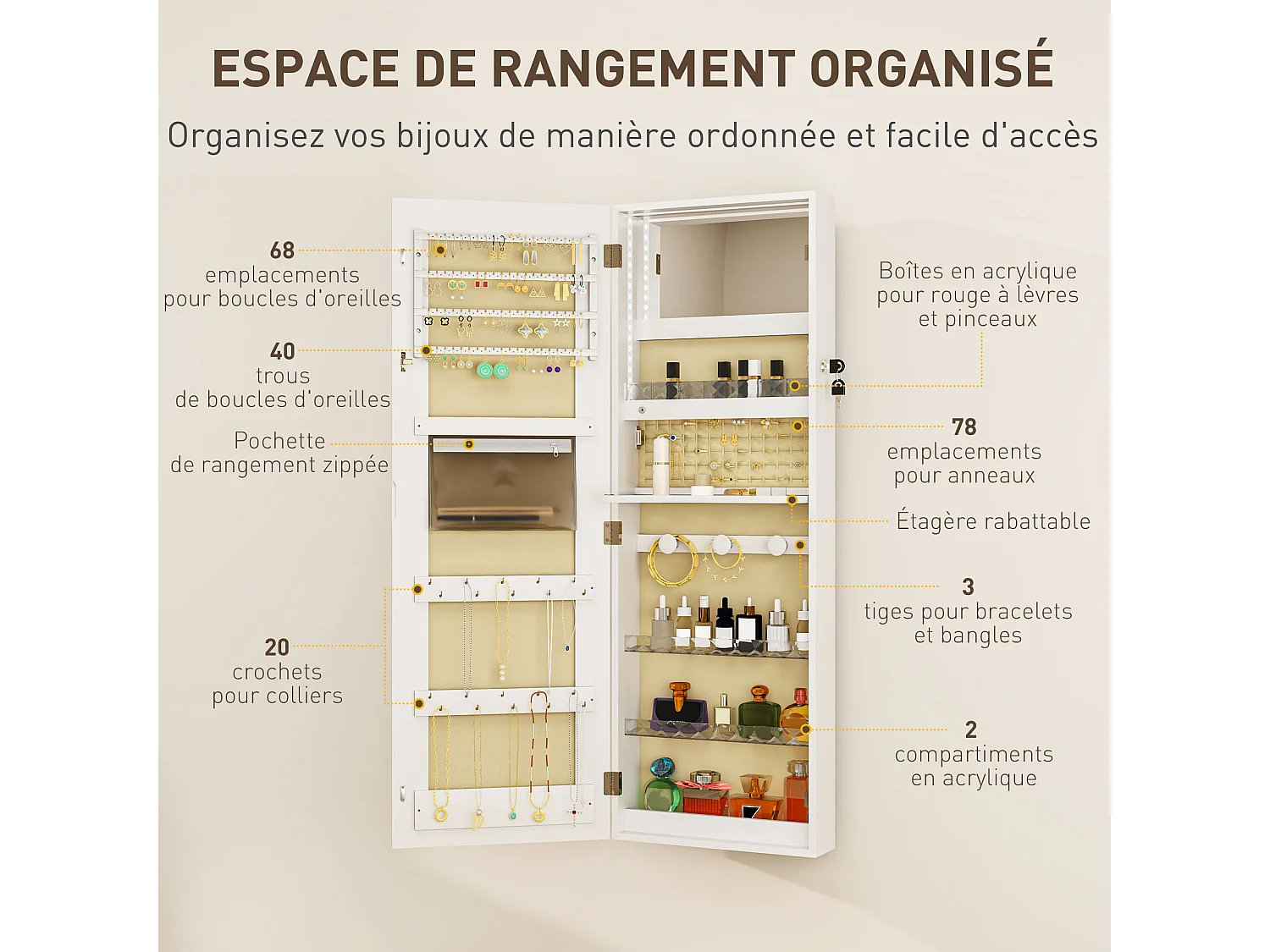 Armoire à bijoux verrouillable miroir LED intégré installation murale ou porte blanc
