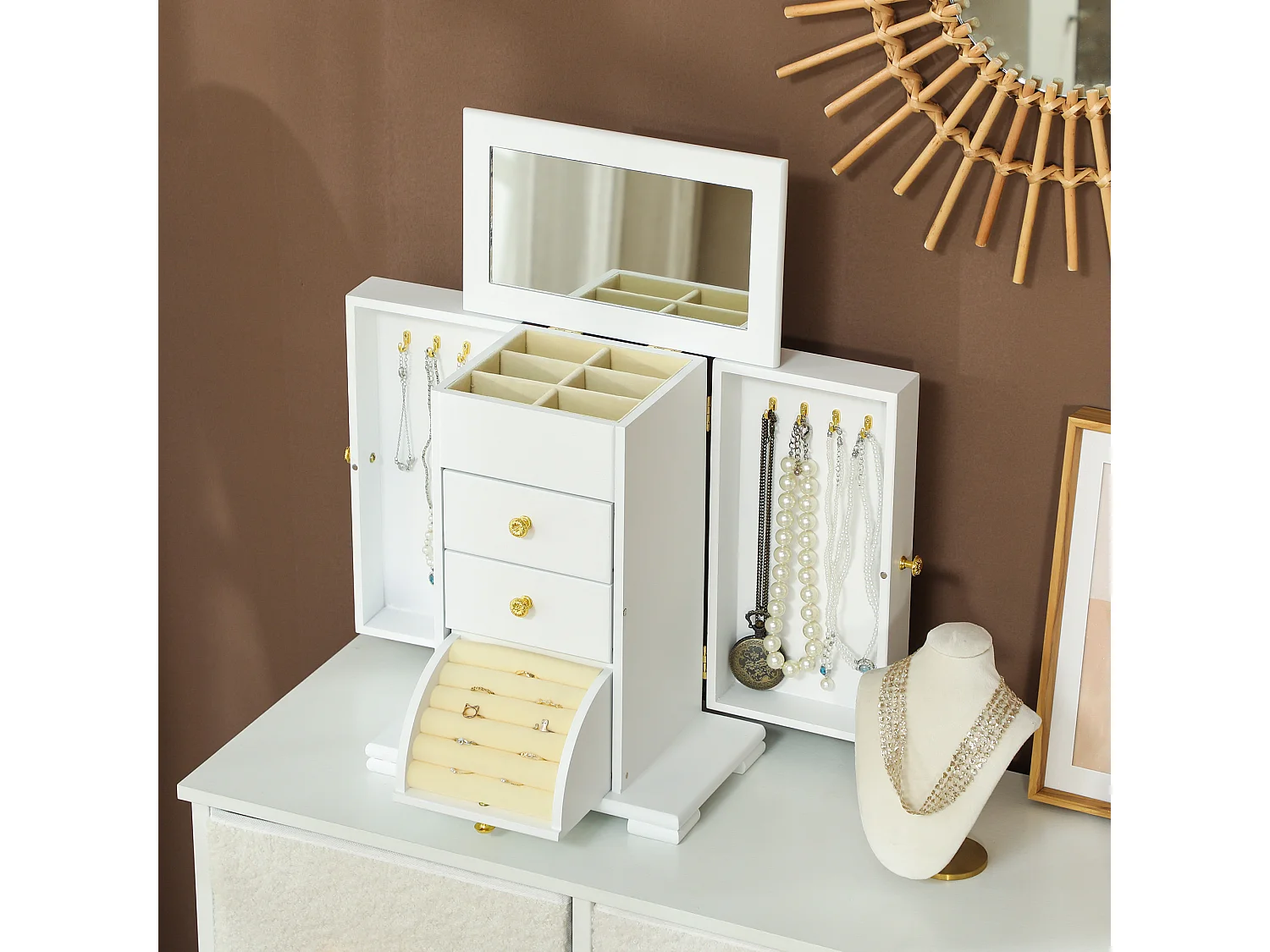 Armoire à bijoux poignées bouton doré miroir bois blanc