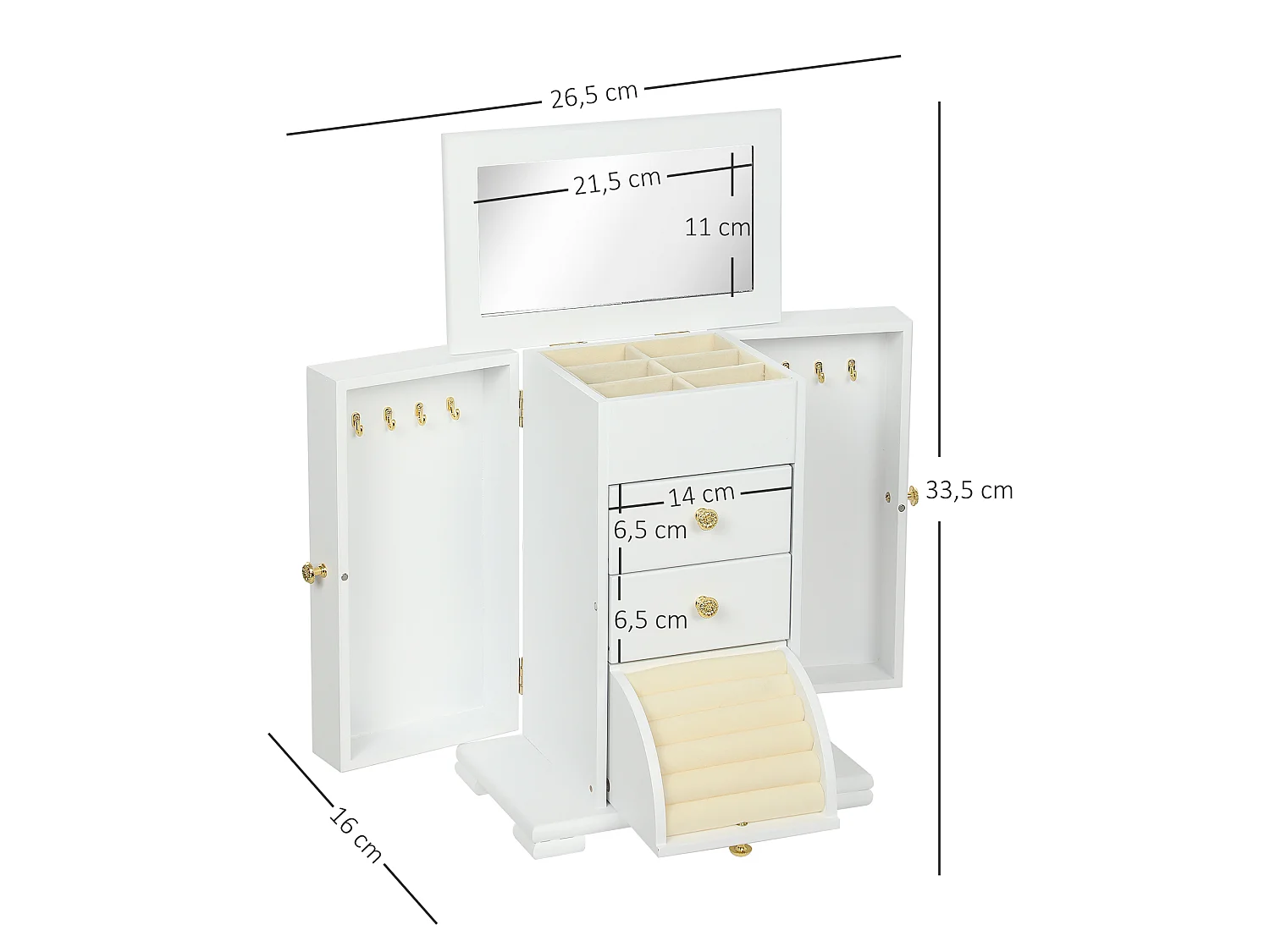 Armoire à bijoux poignées bouton doré miroir bois blanc