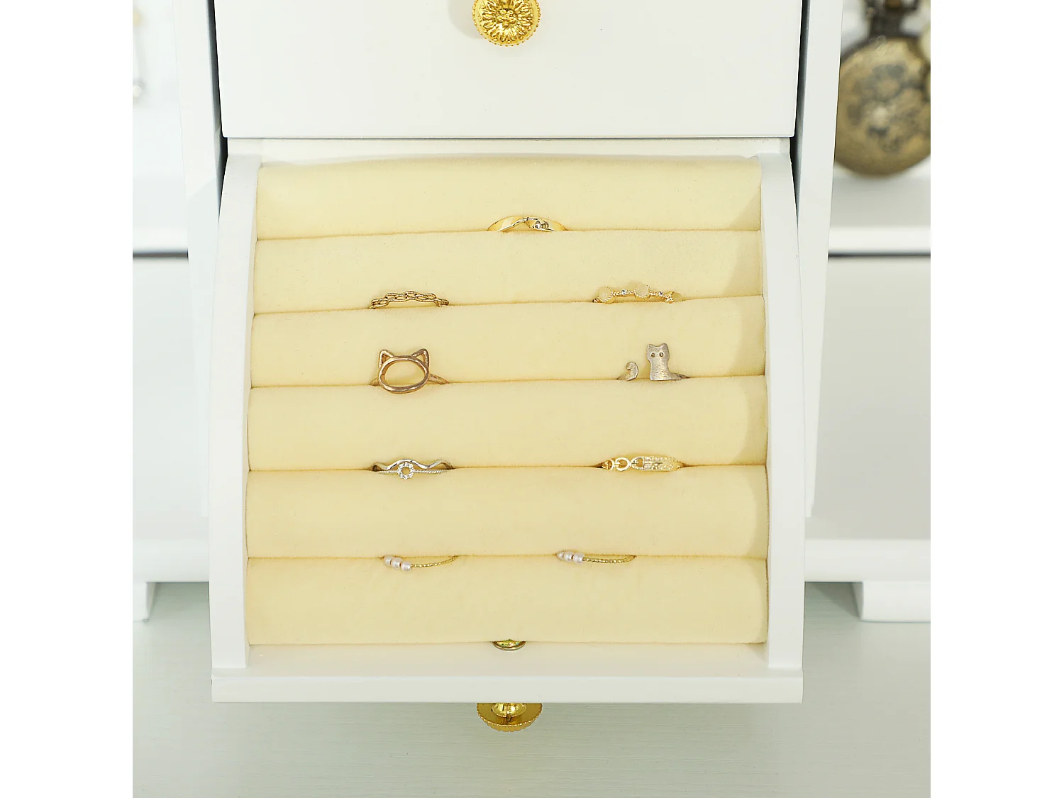 Armoire à bijoux poignées bouton doré miroir bois blanc