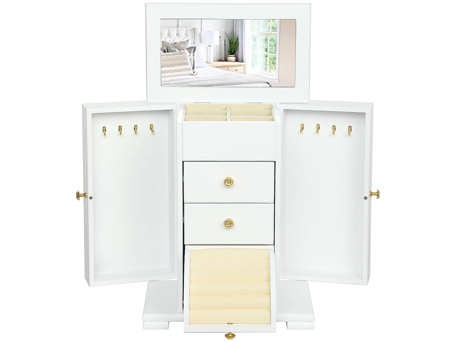 Armoire à bijoux poignées bouton doré miroir bois blanc