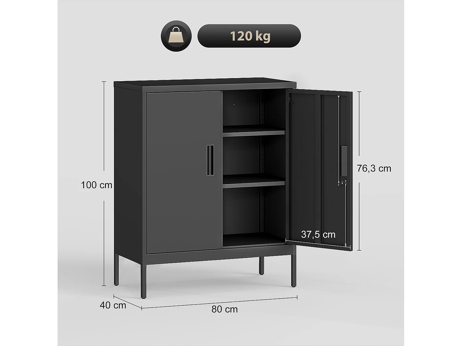 Armoire métallique de bureau verrouillable 2 portes 2 étagères noir