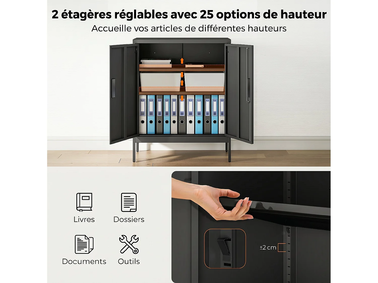 Armoire métallique de bureau verrouillable 2 portes 2 étagères noir