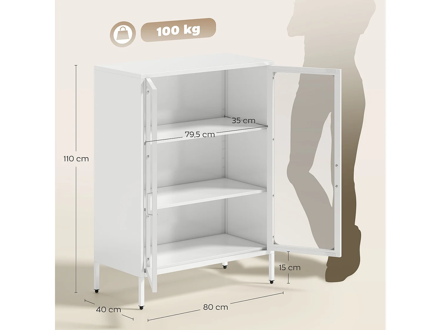 Armoire métal vitrine sur pieds 2 portes 2 étagères blanc