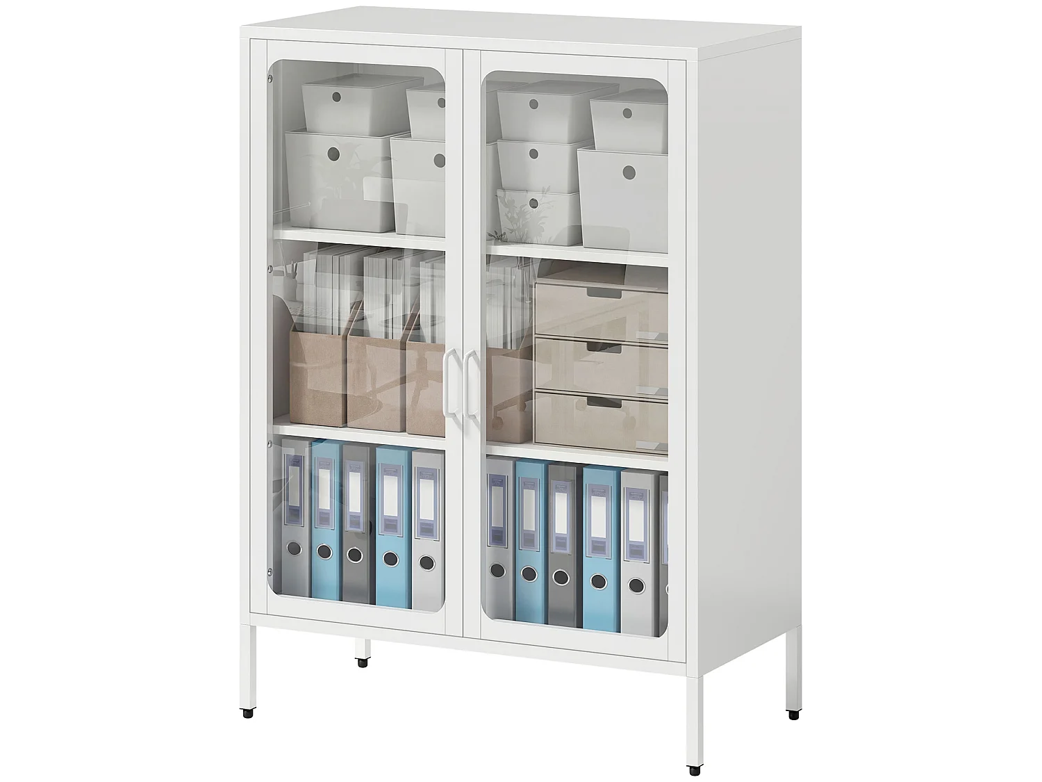Armoire métal vitrine sur pieds 2 portes 2 étagères blanc