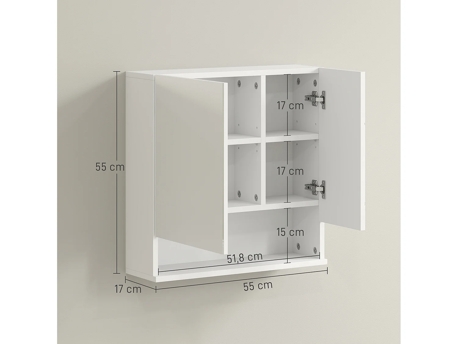 Armoire miroir de salle de bain - 2 portes, 2 étagères, niche - blanc