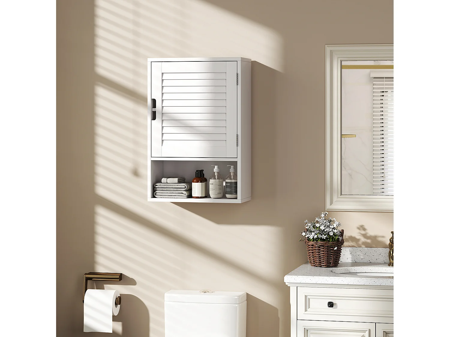 Armoire murale salle de bain porte persienne étagère niche blanc