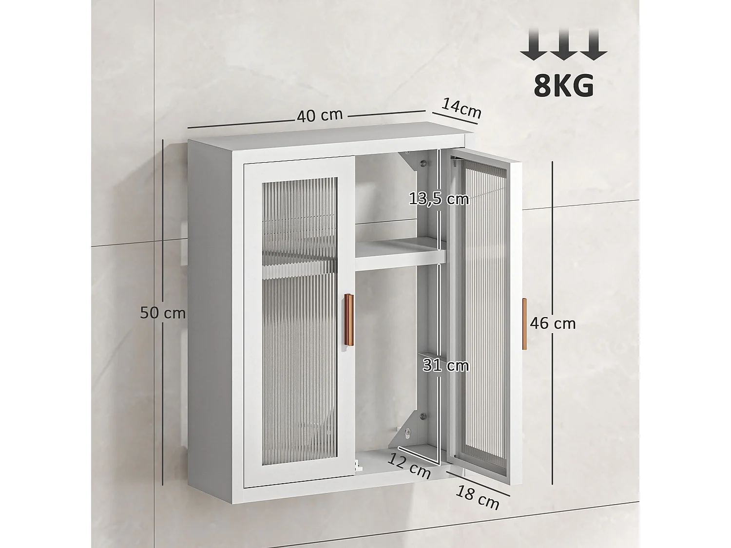 Armoire murale métal salle de bain étagère 2 portes acrylique cannelé 40 x 14 x 50 cm blanc doré