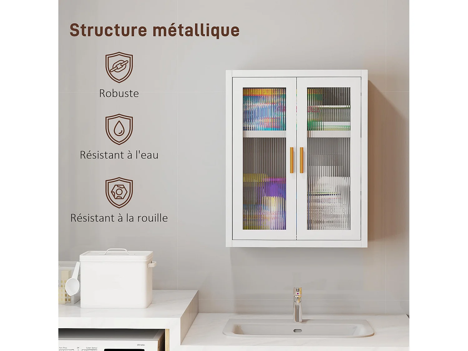 Armoire murale métal salle de bain étagère 2 portes acrylique cannelé 40 x 14 x 50 cm blanc doré