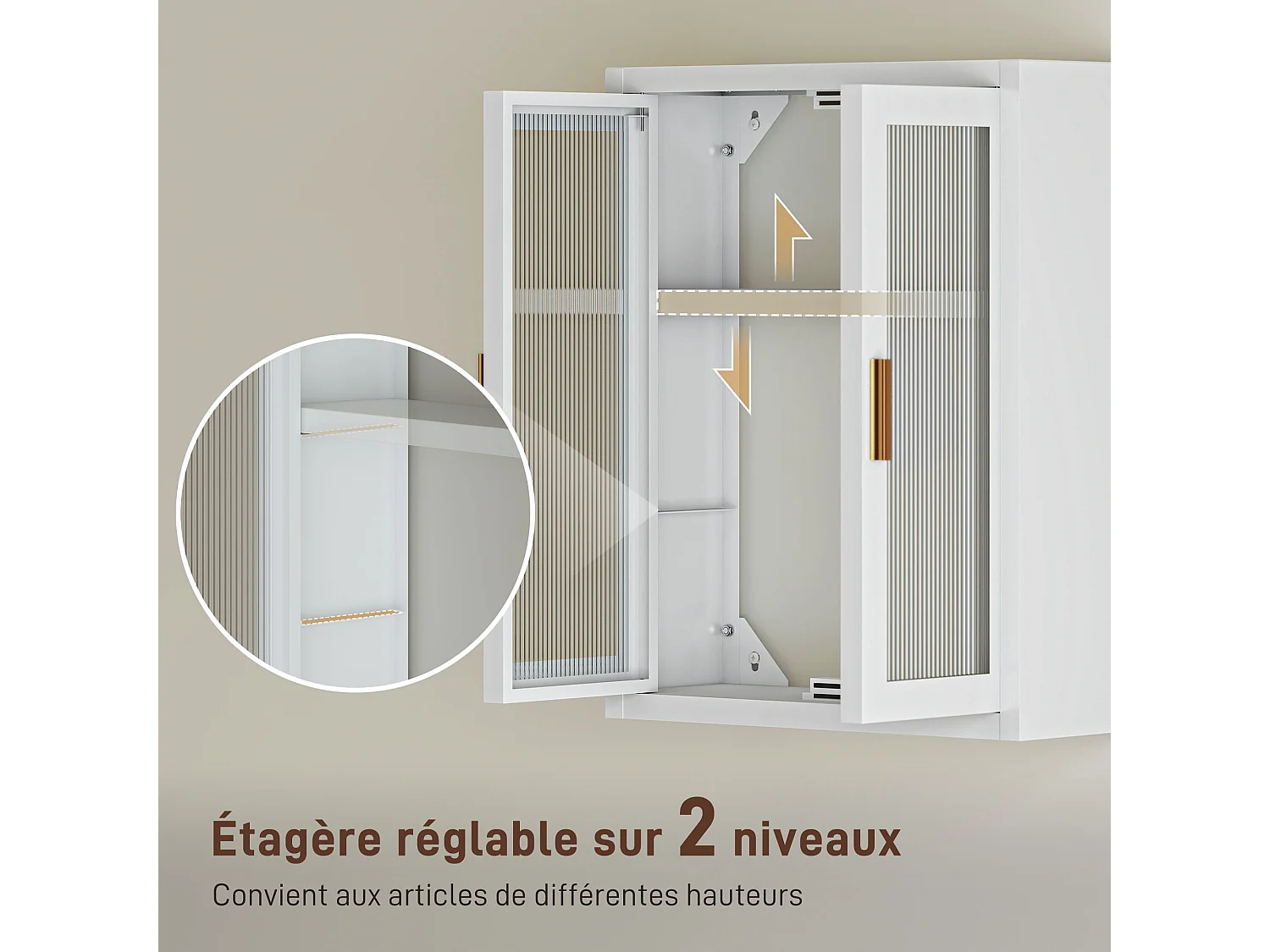 Armoire murale métal salle de bain étagère 2 portes acrylique cannelé 40 x 14 x 50 cm blanc doré