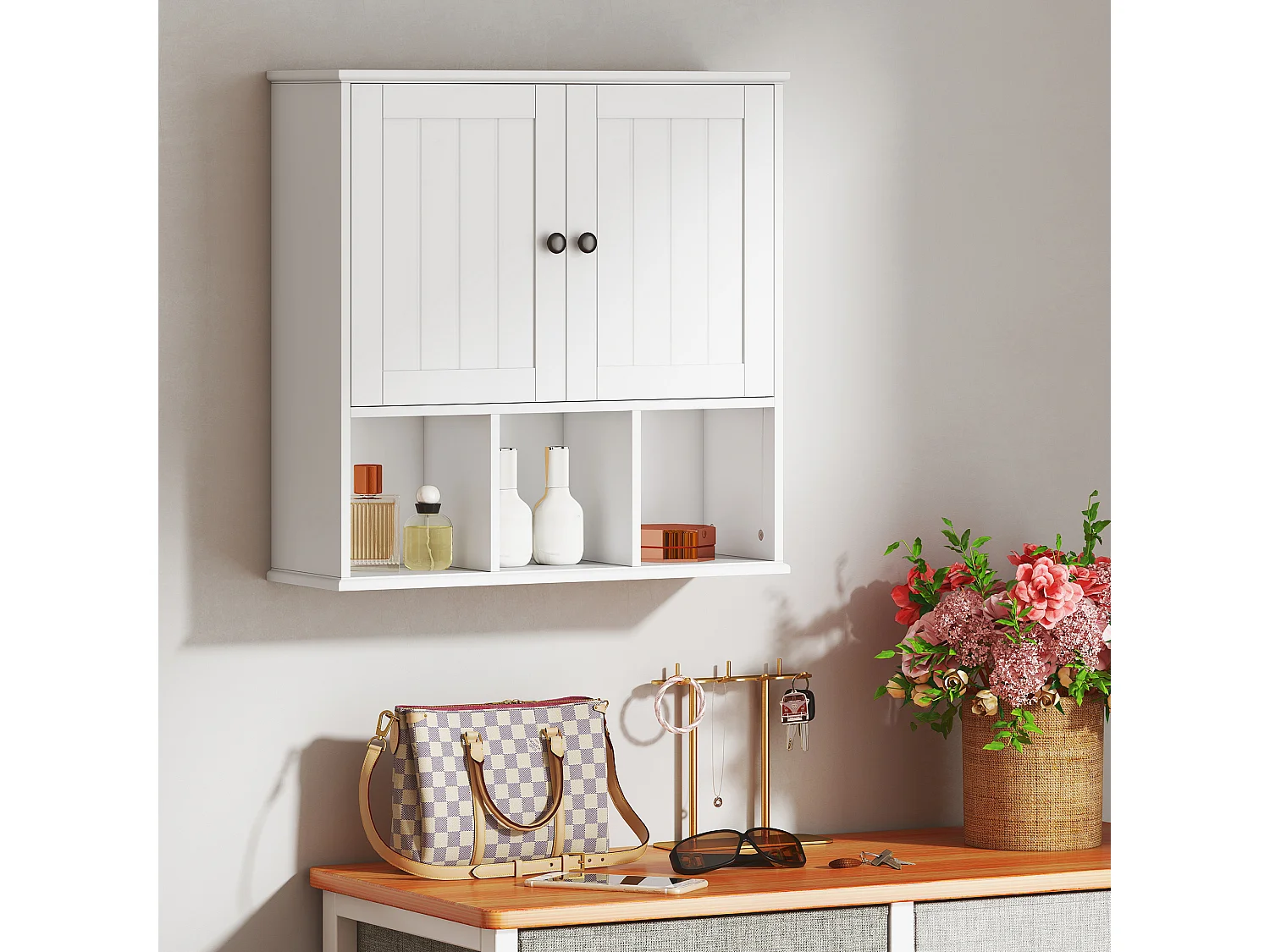 Armoire murale salle de bain 2 portes étagère 3 niches blanc