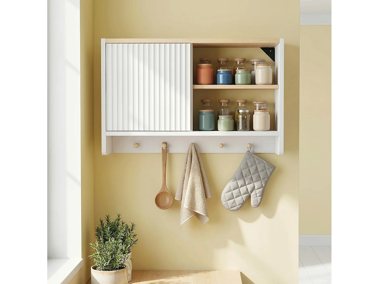 Armoire murale salle de bain rangement porte crochets bois blanc chêne