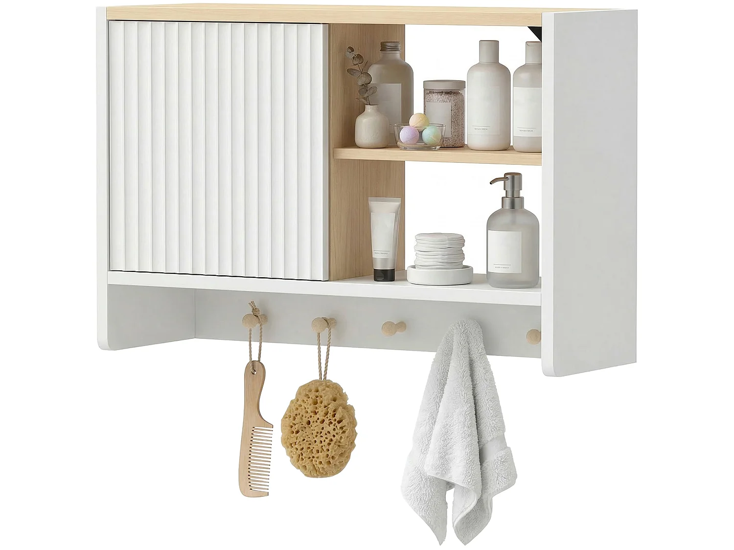Armoire murale salle de bain rangement porte crochets bois blanc chêne