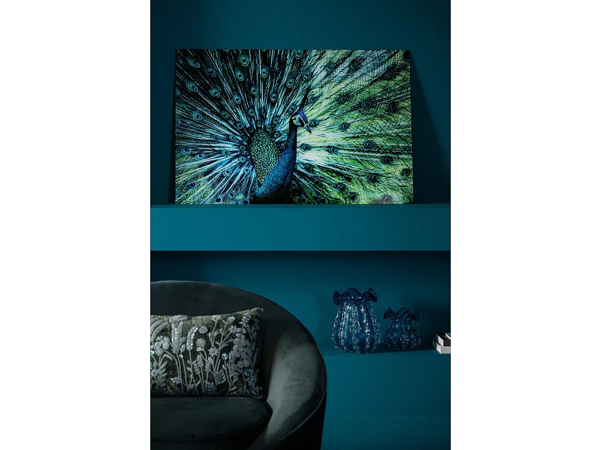 Tableau Déco en Verre "Paon" 80x120cm Bleu