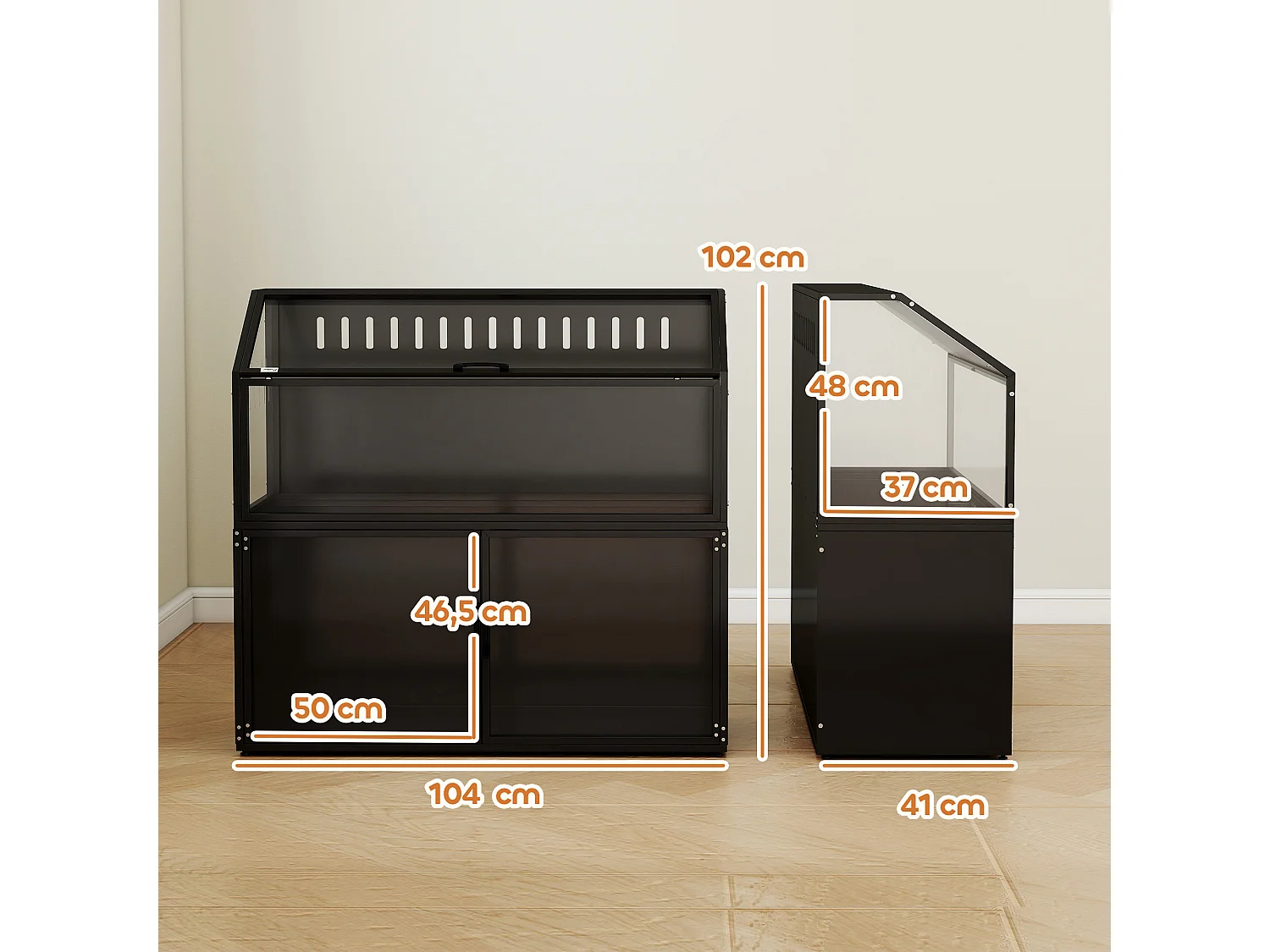 Cage hamster rongeur armoire 2 portes 2 en 1 acier noir acrylique transparent toit ouvrant