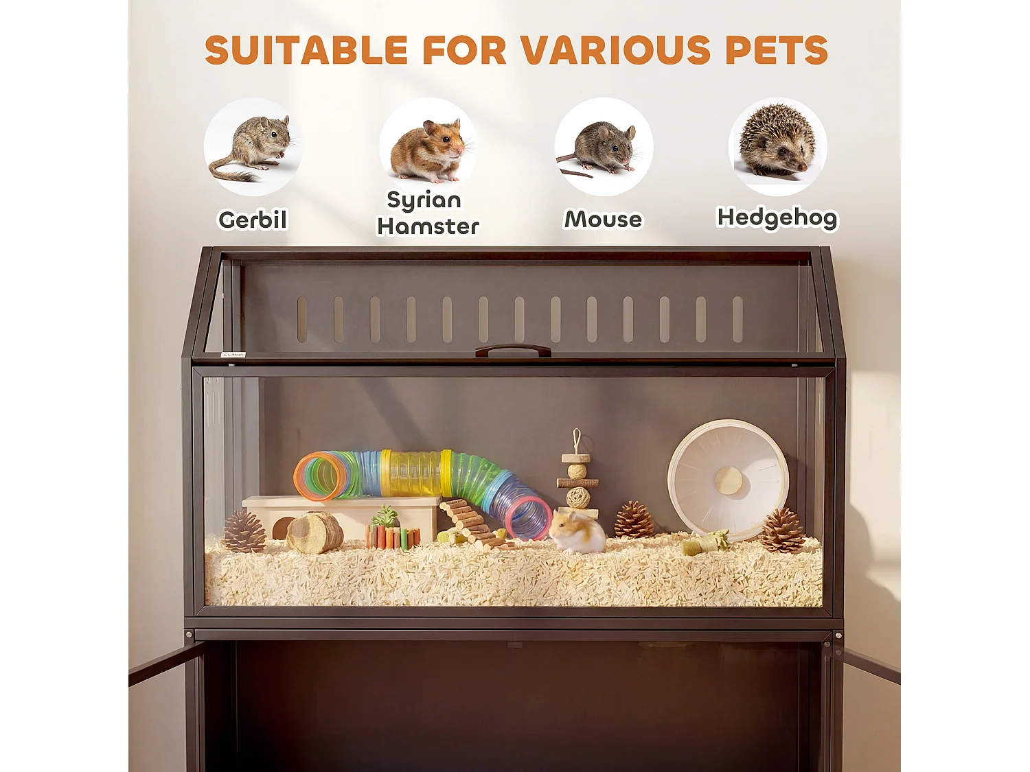 Cage hamster rongeur armoire 2 portes 2 en 1 acier noir acrylique transparent toit ouvrant