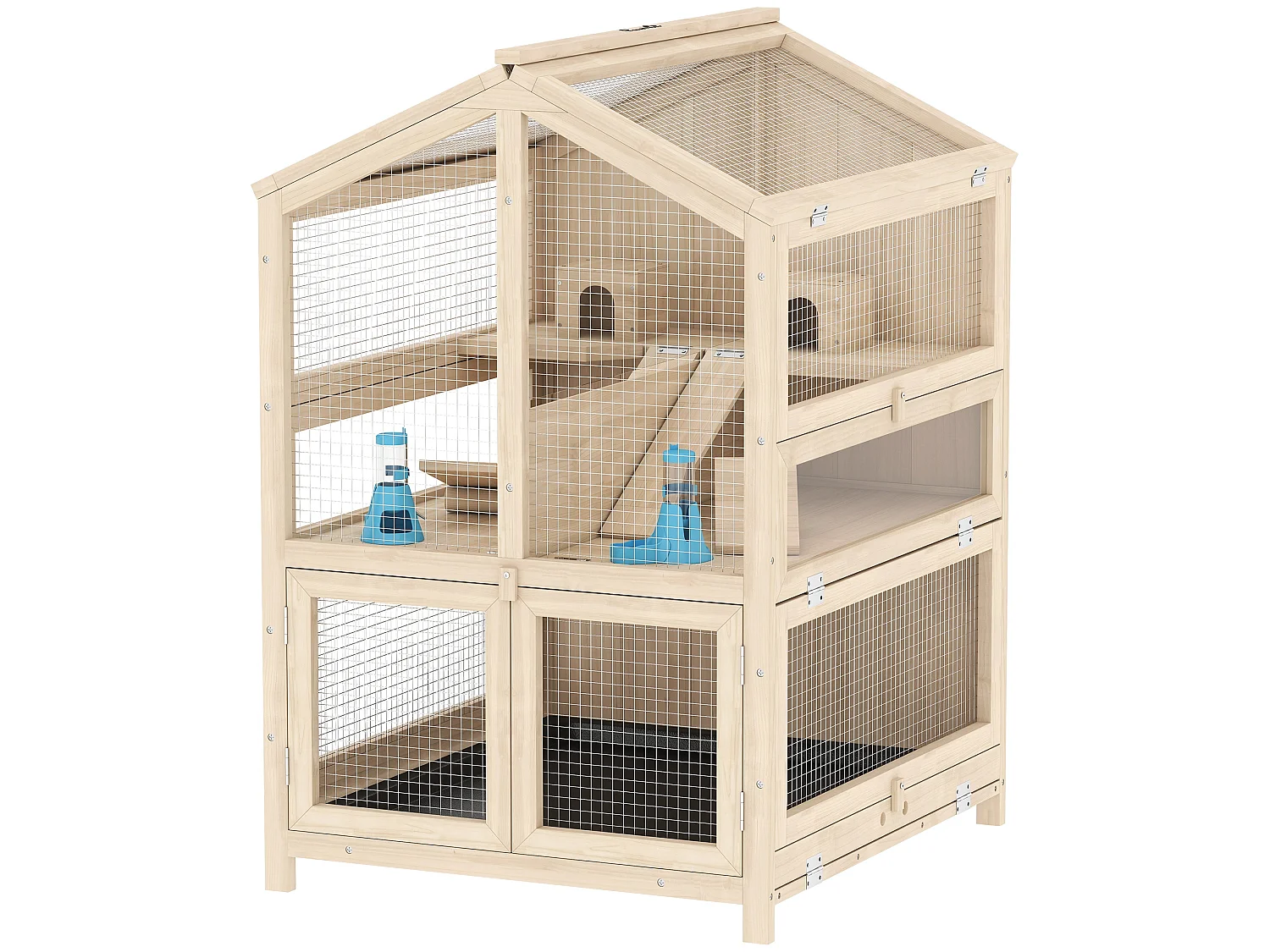 Cage hamster bois 3 niveaux 2 cabanes balançoires biberons 4 rampes