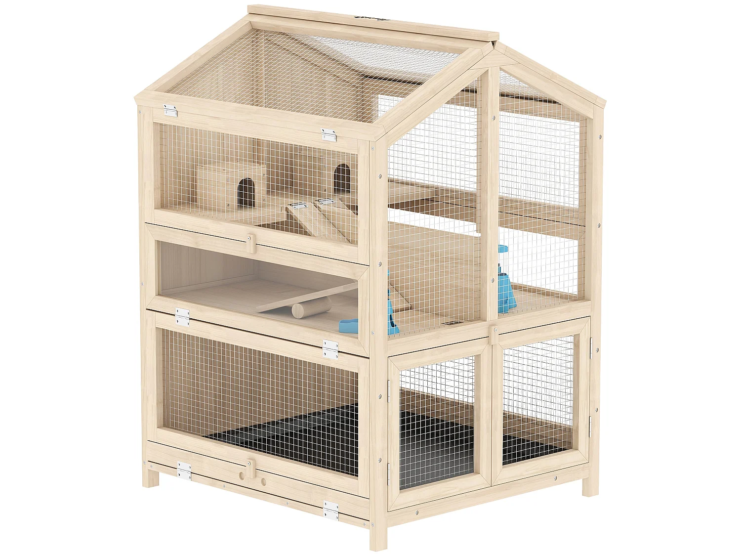 Cage hamster bois 3 niveaux 2 cabanes balançoires biberons 4 rampes