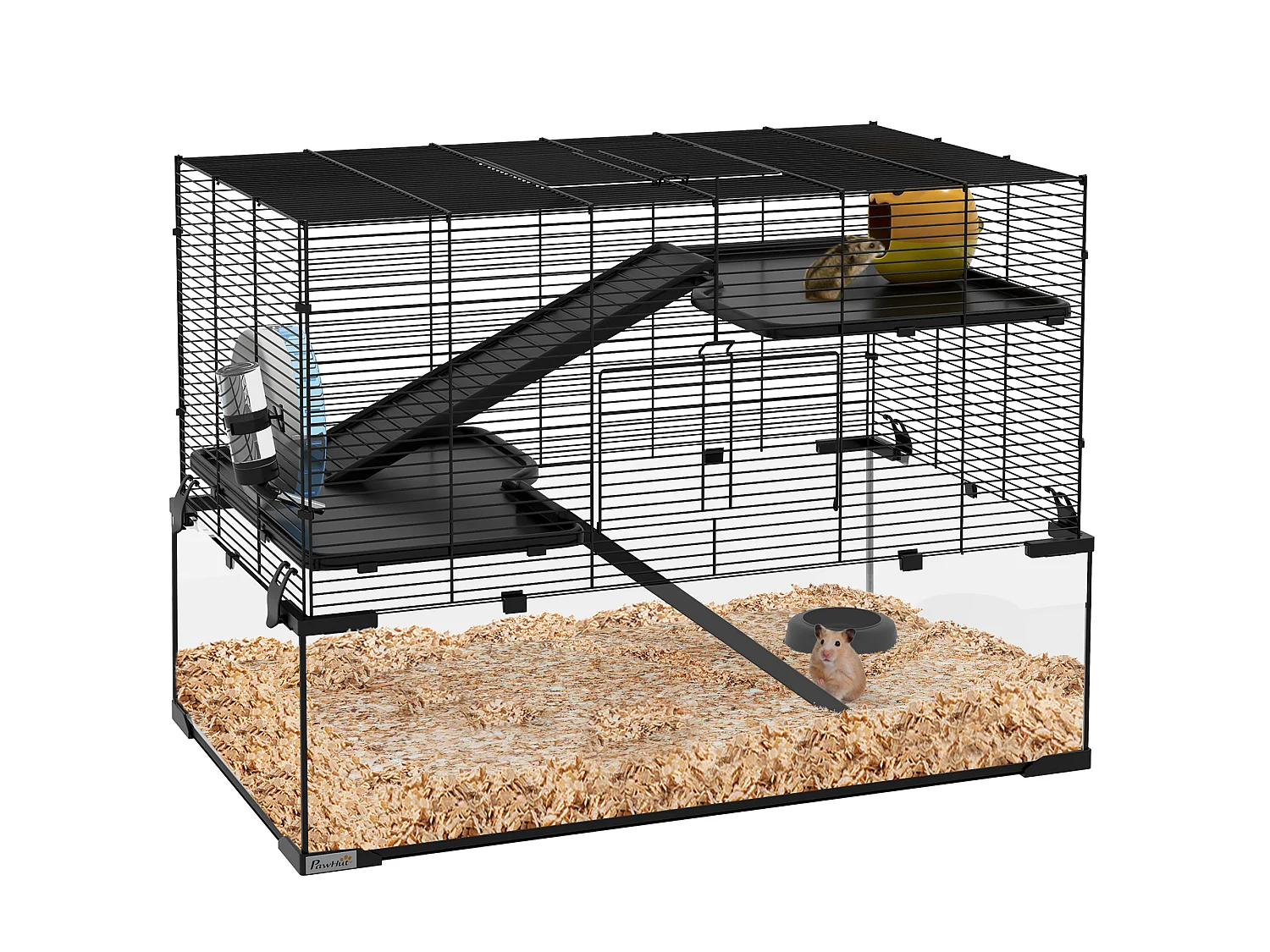 Cage hamster rongeur 3 niveaux 76 x 48 x 54 cm - roue, rampes, maisonnette, abreuvoir, mangeoire - noir