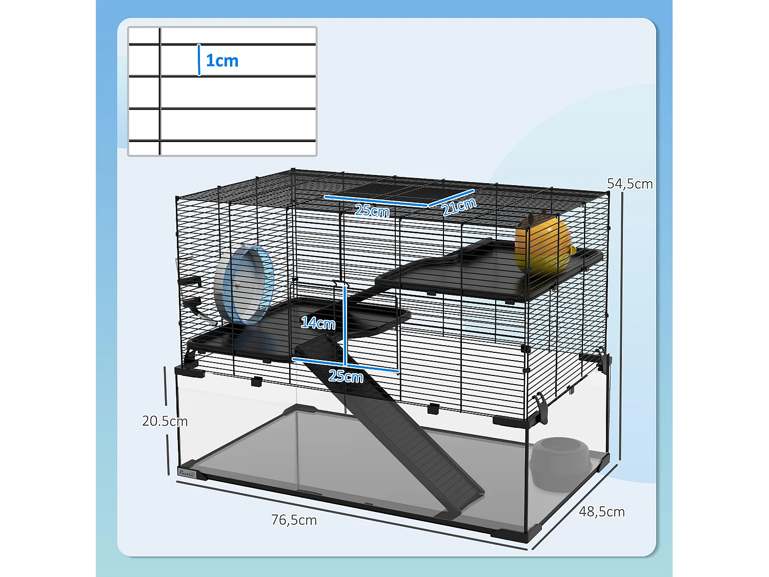 Cage hamster rongeur 3 niveaux 76 x 48 x 54 cm - roue, rampes, maisonnette, abreuvoir, mangeoire - noir