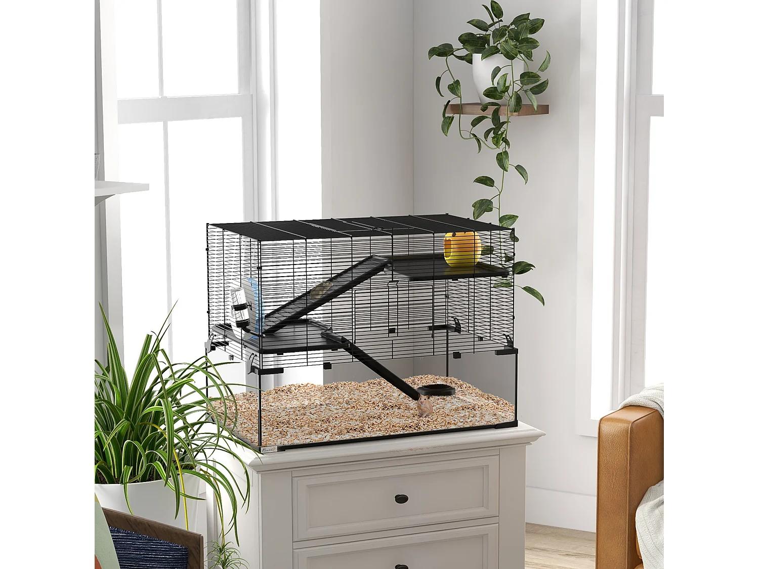 Cage hamster rongeur 3 niveaux 76 x 48 x 54 cm - roue, rampes, maisonnette, abreuvoir, mangeoire - noir